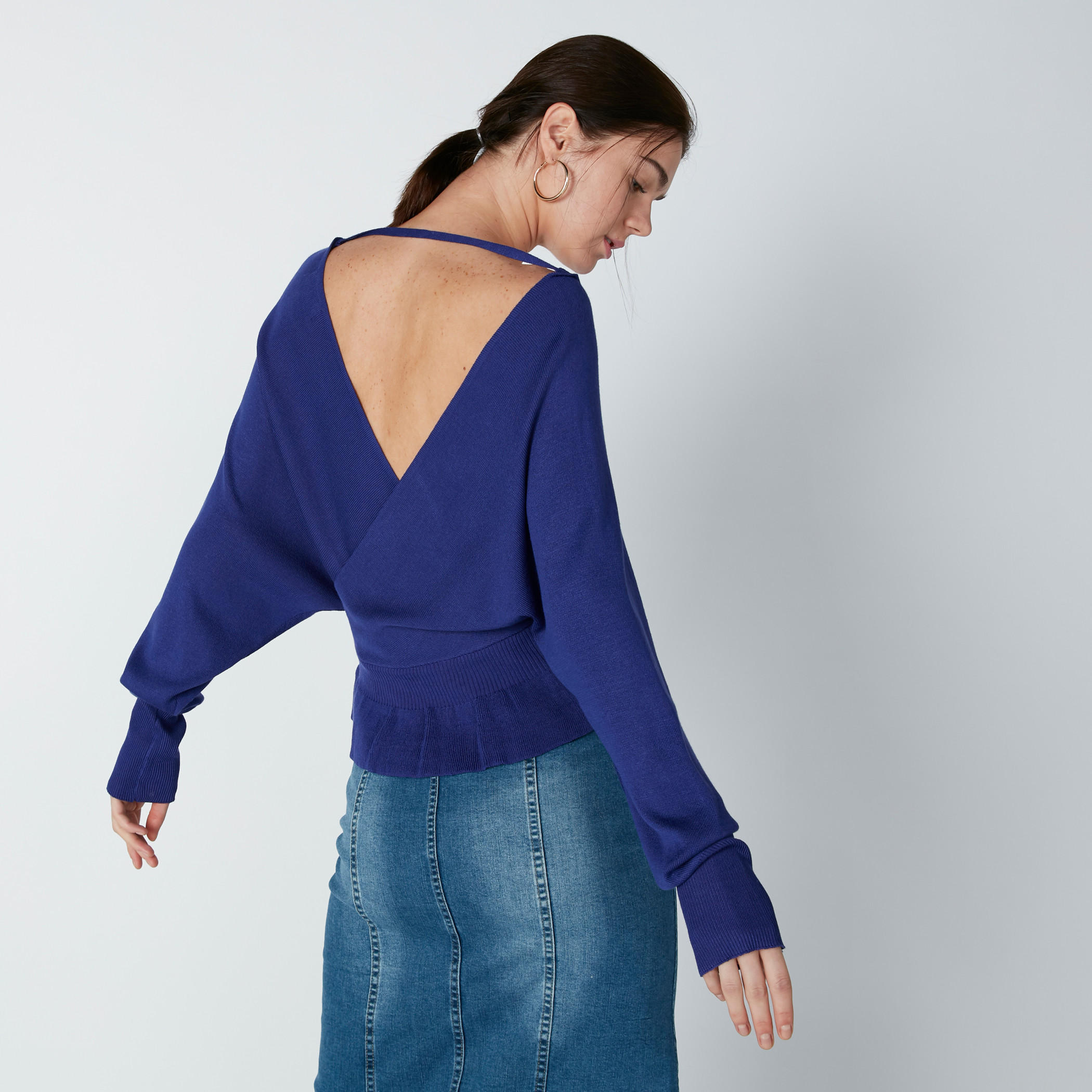 Textured Peplum Top with V-Neck and Long Sleeves-women-clothing-cardigansandjumpers-jumpers-image-2