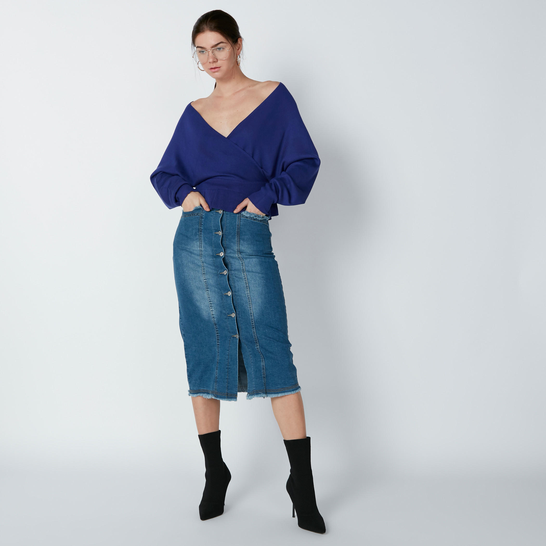 Textured Peplum Top with V-Neck and Long Sleeves-women-clothing-cardigansandjumpers-jumpers-image-3