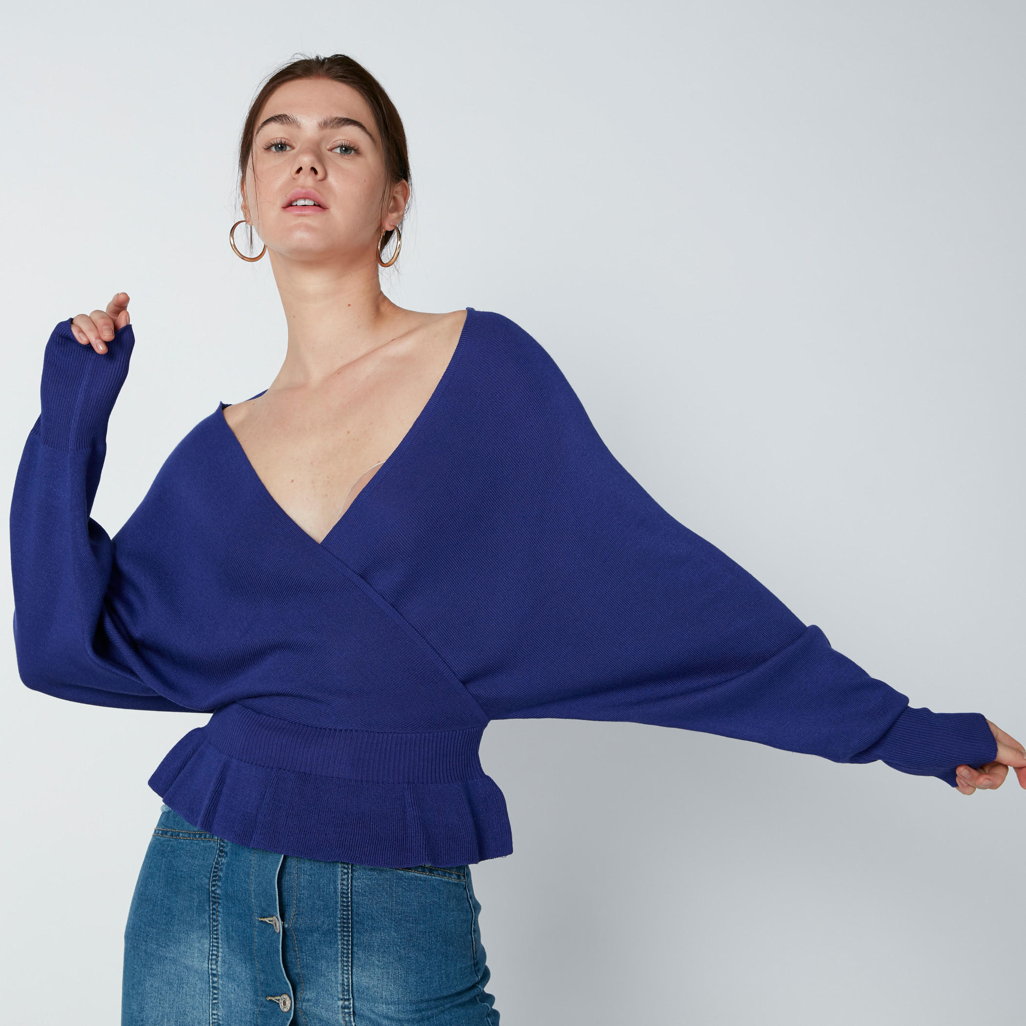 Textured Peplum Top with V-Neck and Long Sleeves-women-clothing-cardigansandjumpers-jumpers-image-4