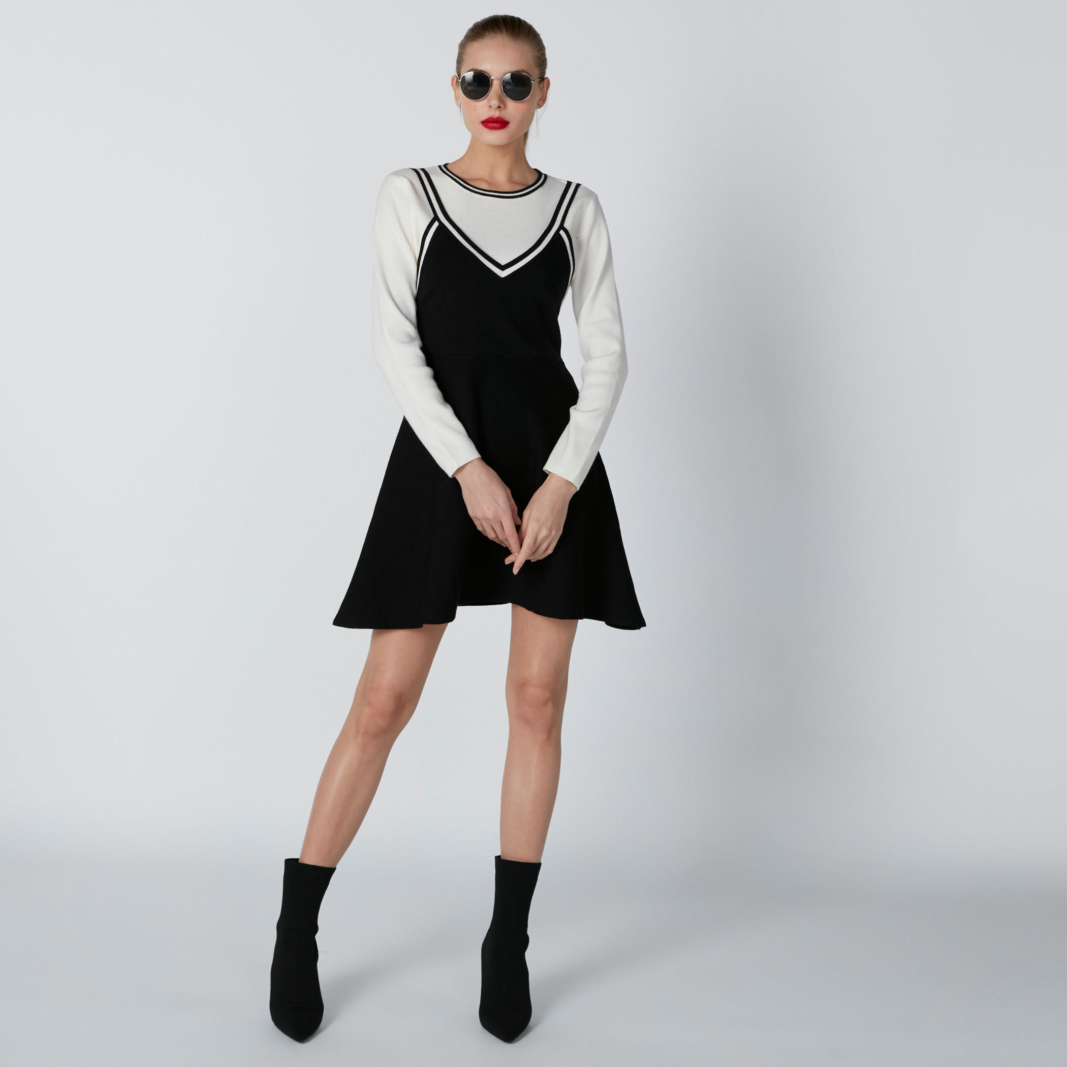 فستان قصير واسع بياقة مستديرة وأكمام طويلة-women-clothing-dresses-image-4