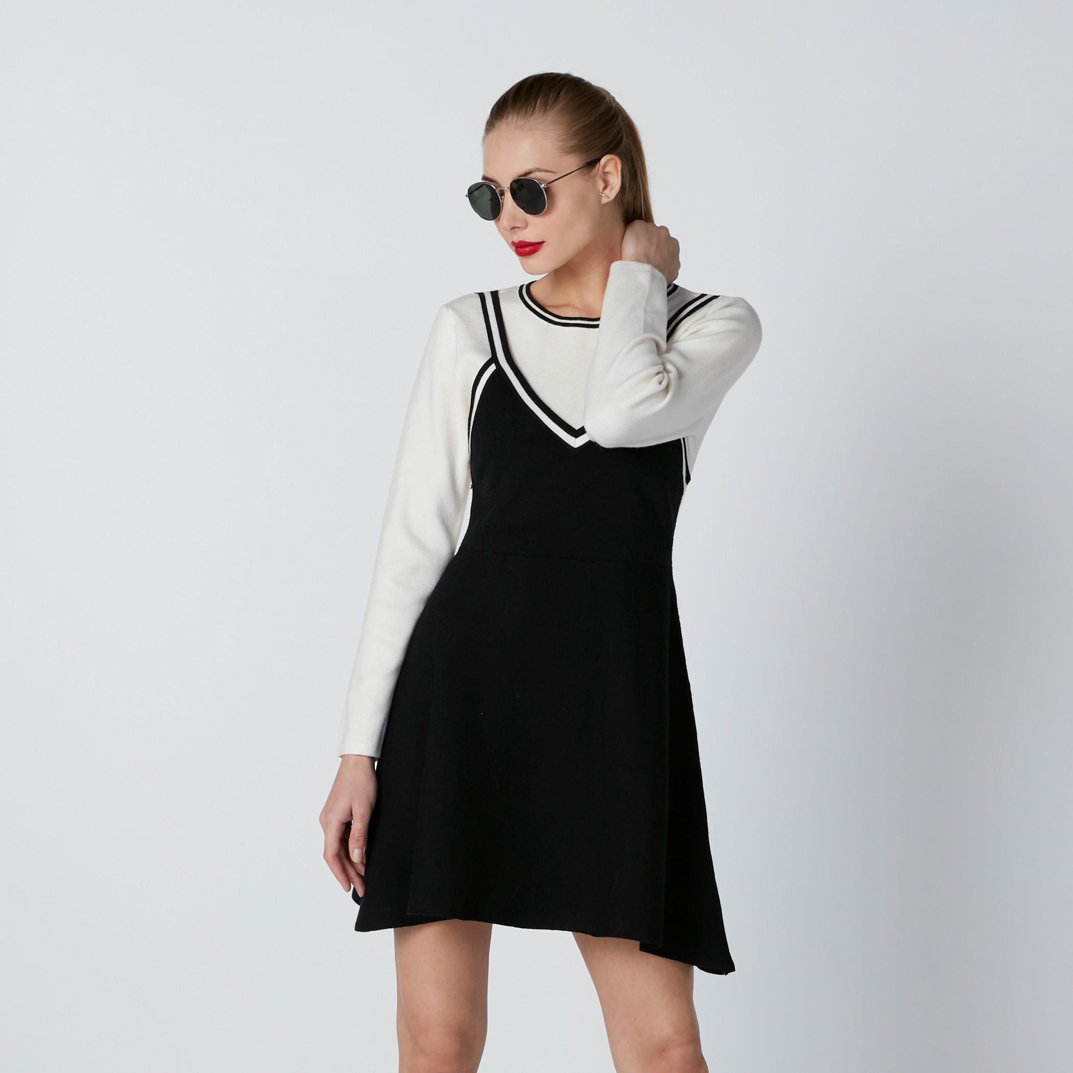 فستان قصير واسع بياقة مستديرة وأكمام طويلة-women-clothing-dresses-image-5