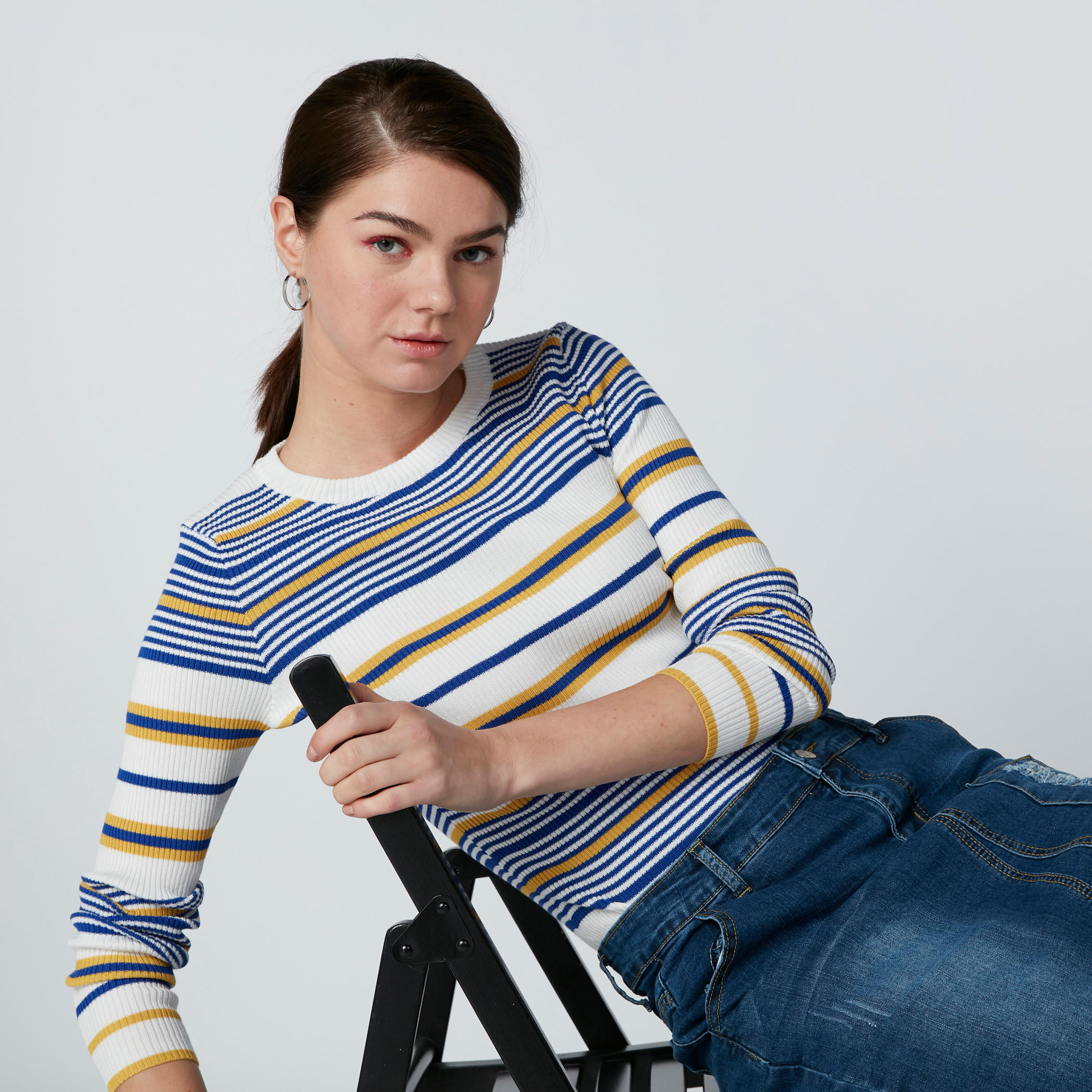 تيشيرت مقلّم بأكمام 3/4-women-clothing-tshirts-image-1