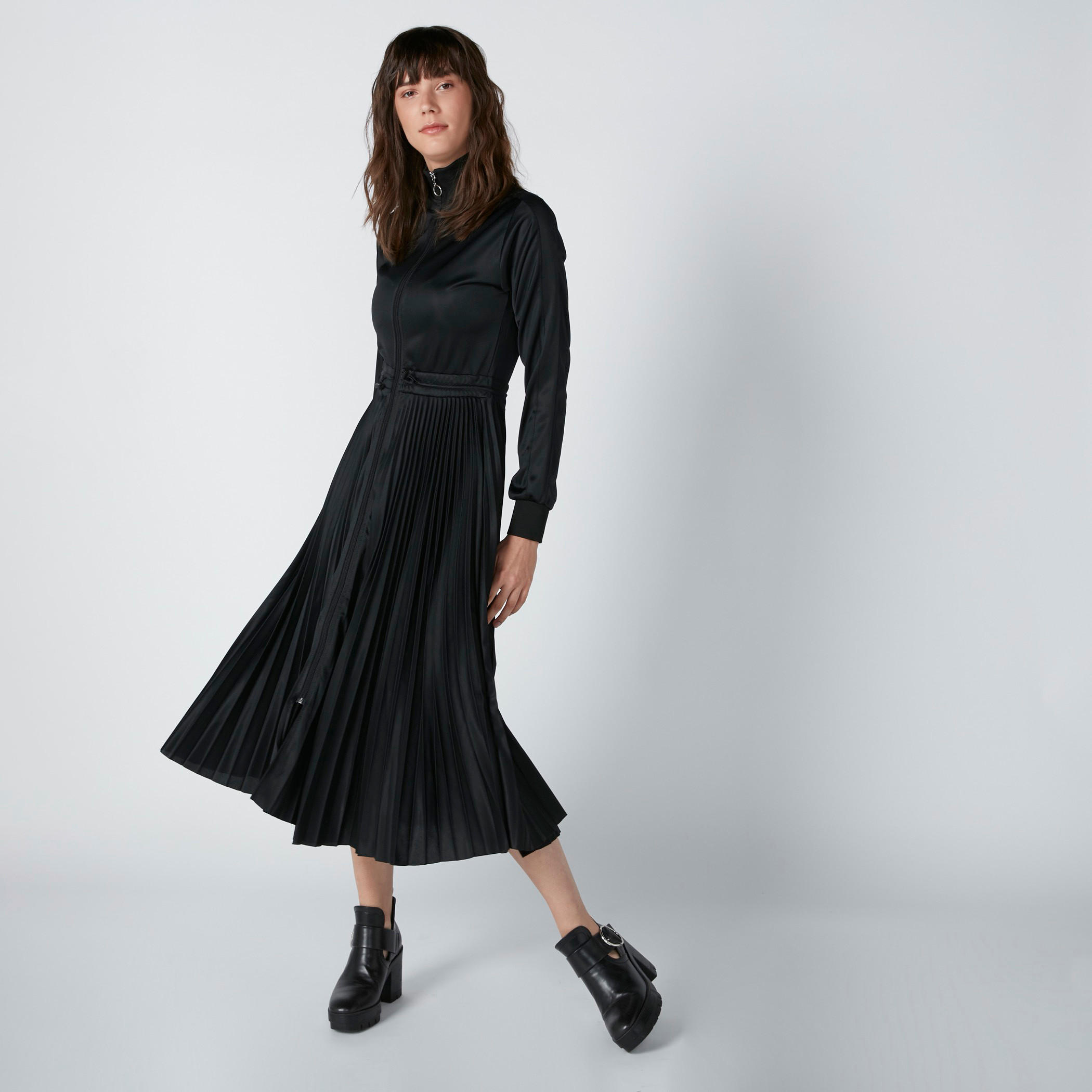 فستان إيه لاين متوسط الطول بتفاصيل كشكش وأكمام طويلة وسحّاب إغلاق-women-clothing-dresses-image-1