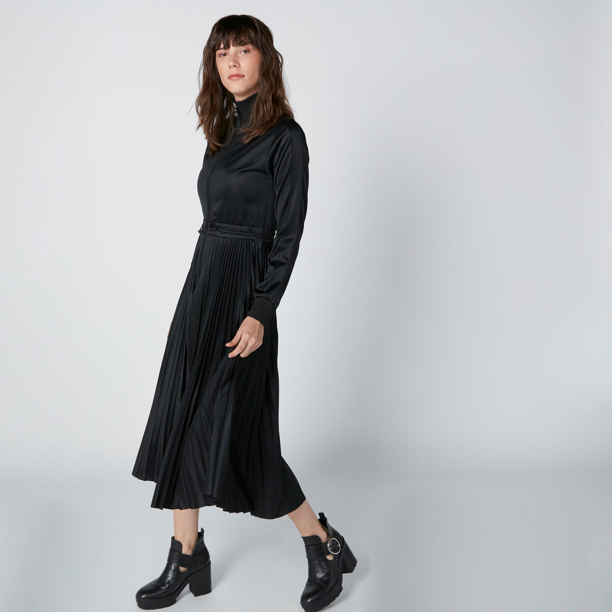 فستان إيه لاين متوسط الطول بتفاصيل كشكش وأكمام طويلة وسحّاب إغلاق-women-clothing-dresses-image-3