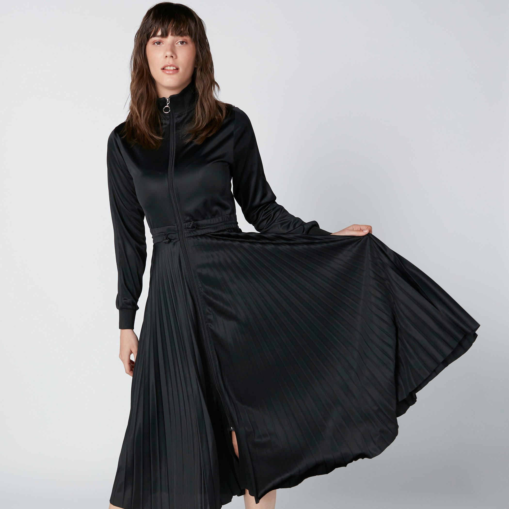 فستان إيه لاين متوسط الطول بتفاصيل كشكش وأكمام طويلة وسحّاب إغلاق-women-clothing-dresses-image-5