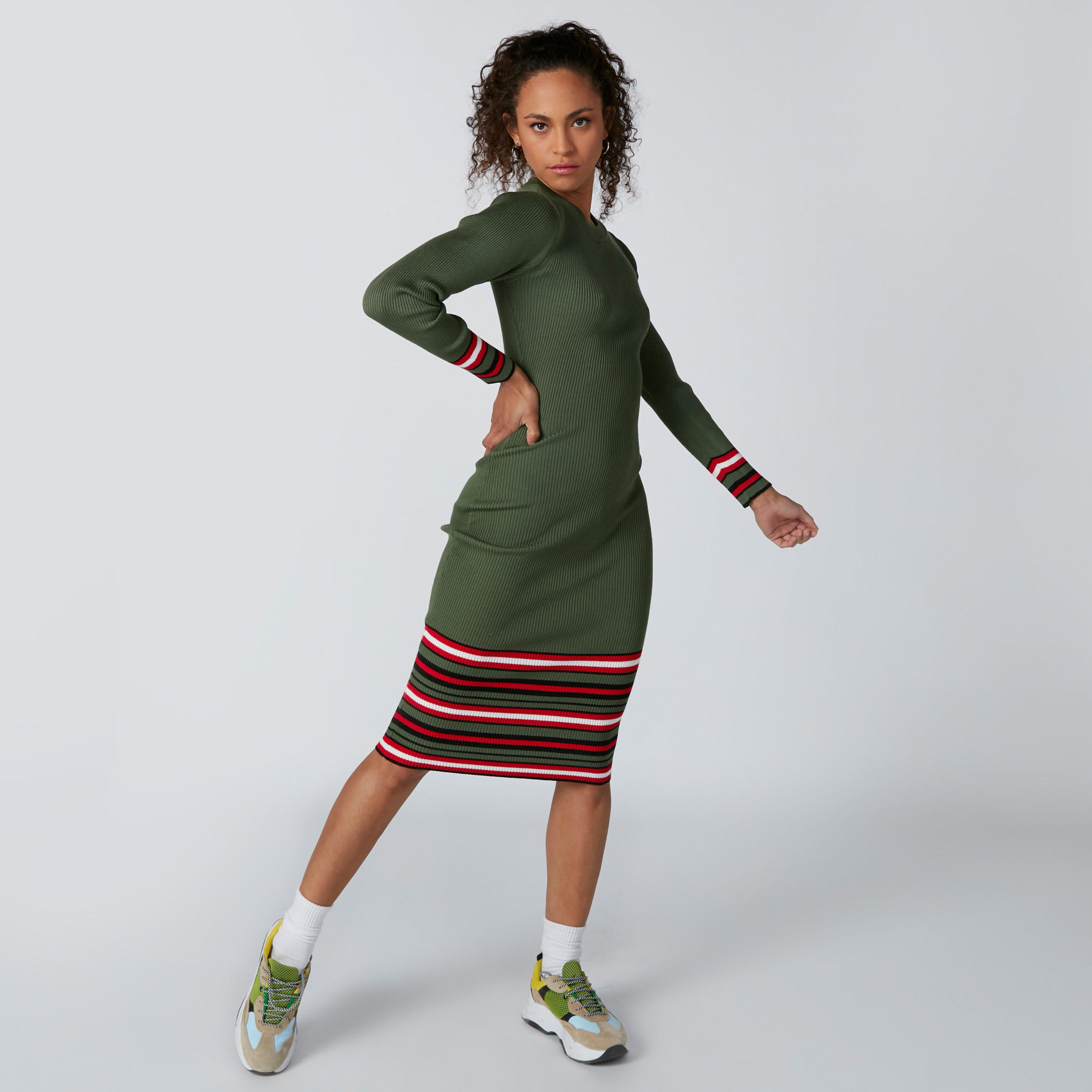 Textured Shift Midi Dress with Long Sleeves-women-clothing-dresses-image-1