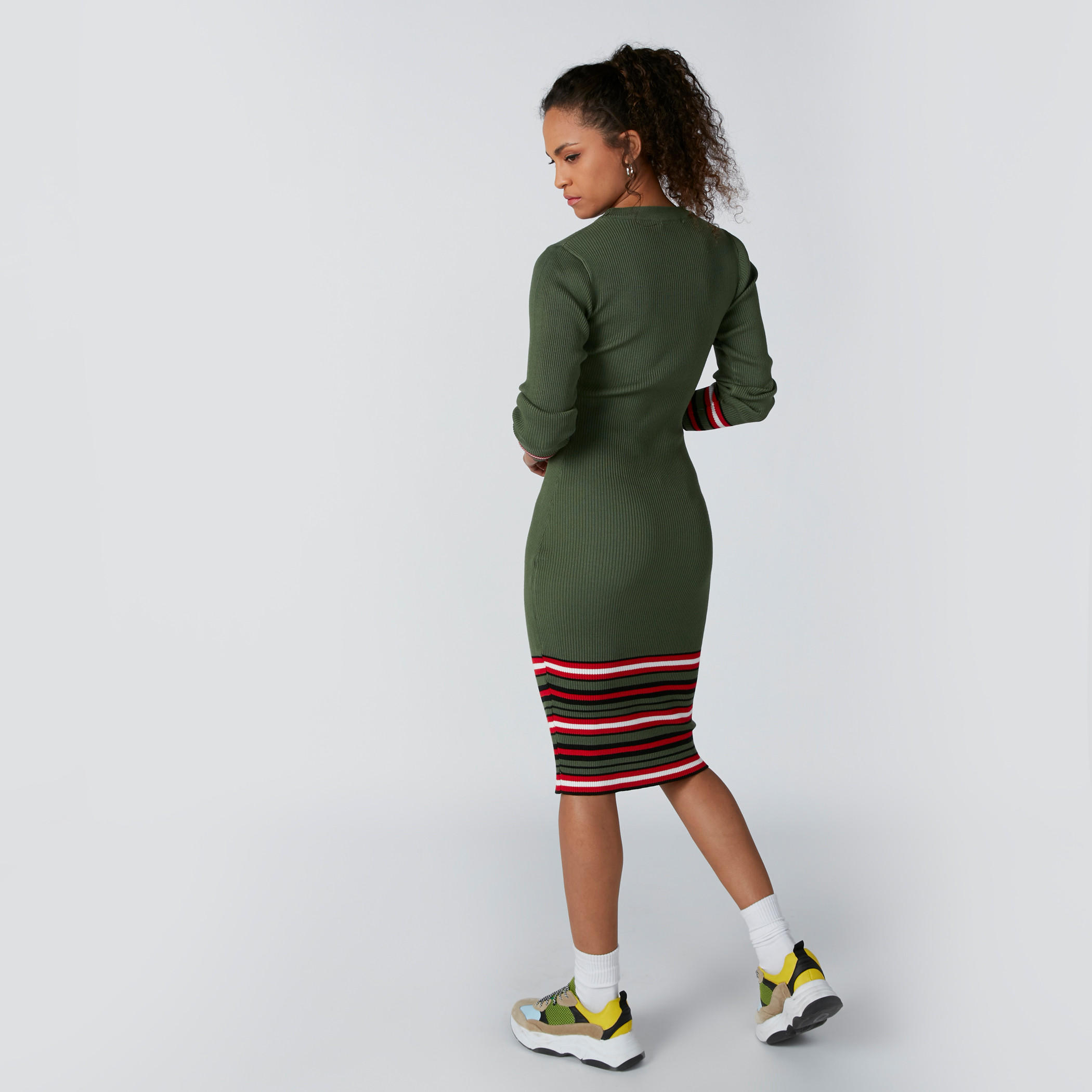 Textured Shift Midi Dress with Long Sleeves-women-clothing-dresses-image-2