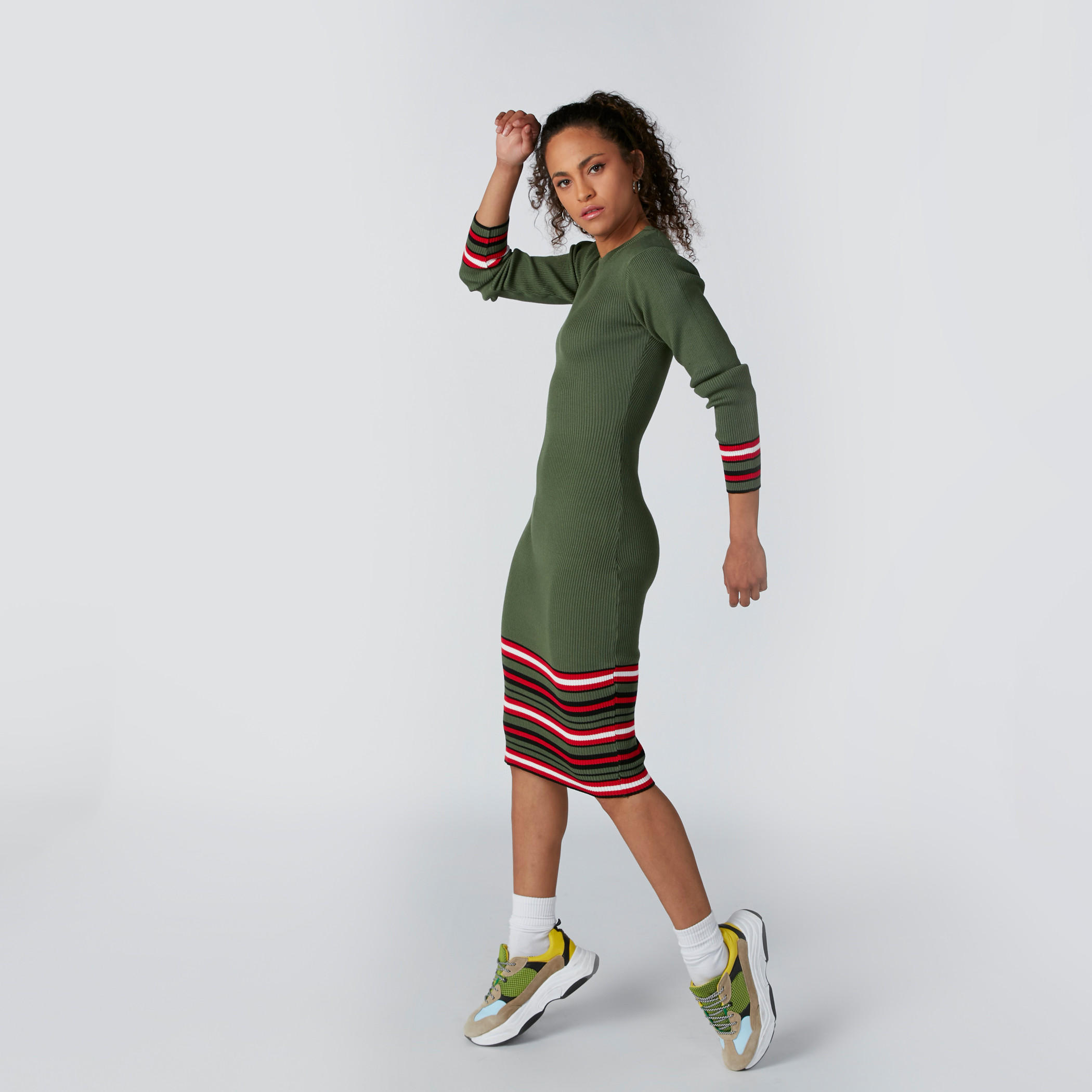 Textured Shift Midi Dress with Long Sleeves-women-clothing-dresses-image-3