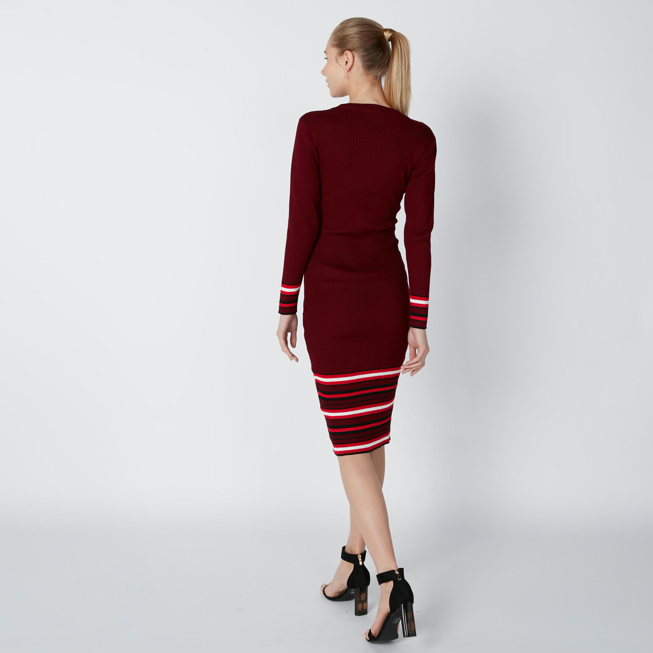 فستان مقلّم متوسط الطول بقصّة ضيّقة وأكمام طويلة-women-clothing-dresses-image-2