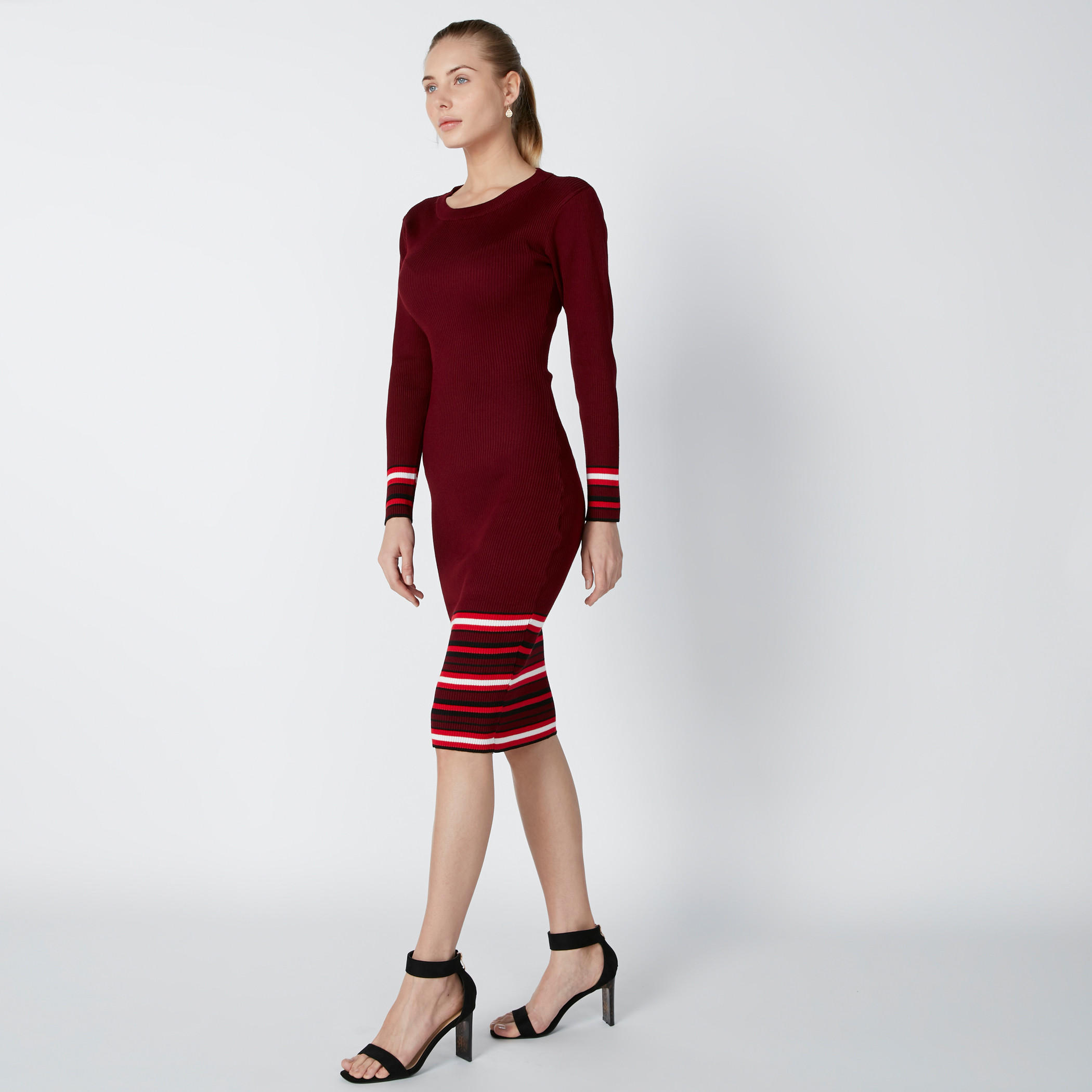 فستان مقلّم متوسط الطول بقصّة ضيّقة وأكمام طويلة-women-clothing-dresses-image-4