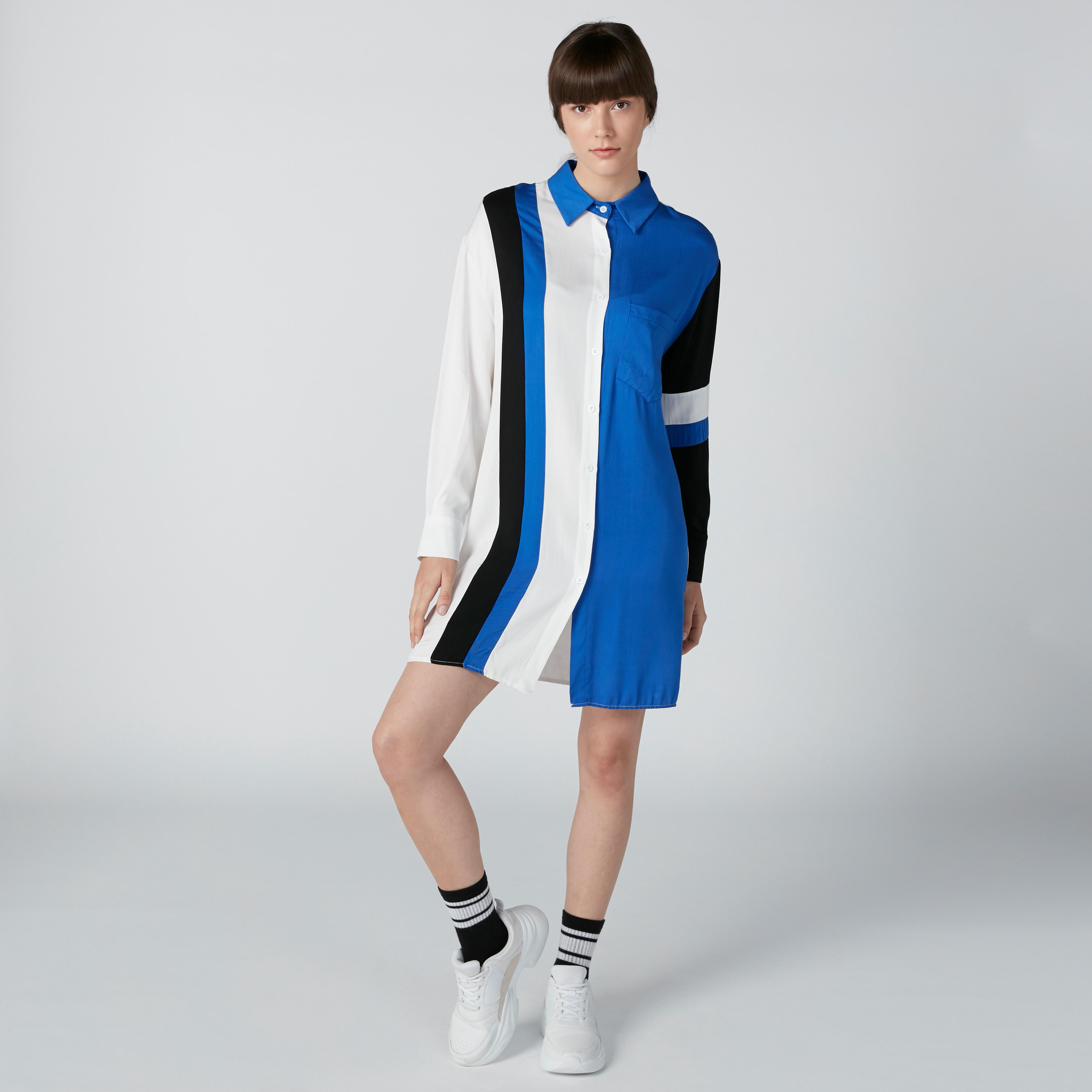 Striped Mini Shirt Dress with Long Sleeves-women-clothing-dresses-image-1