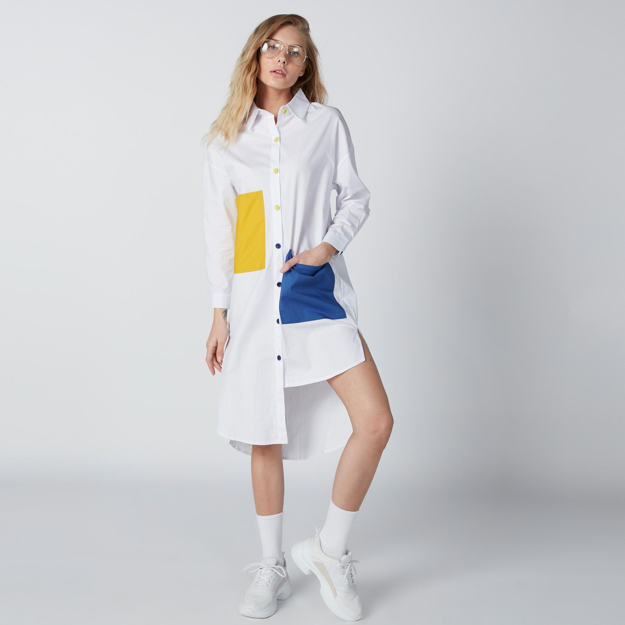 Pocket Detail Shirt Dress with Long Sleeves and Asymmetric Hem-women-clothing-dresses-image-1