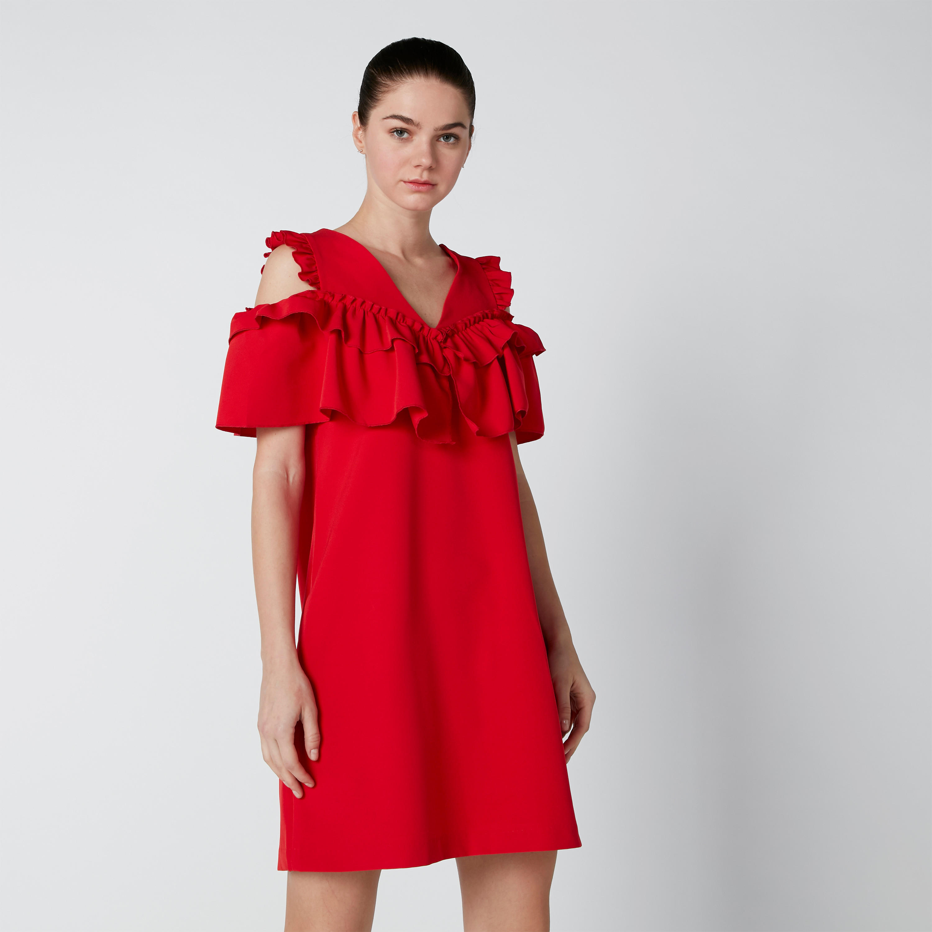 فستان متوسط الطول بأكتاف مكشوفة وياقة V وأكمام قصيرة وتفاصيل كشكش-women-clothing-dresses-image-3