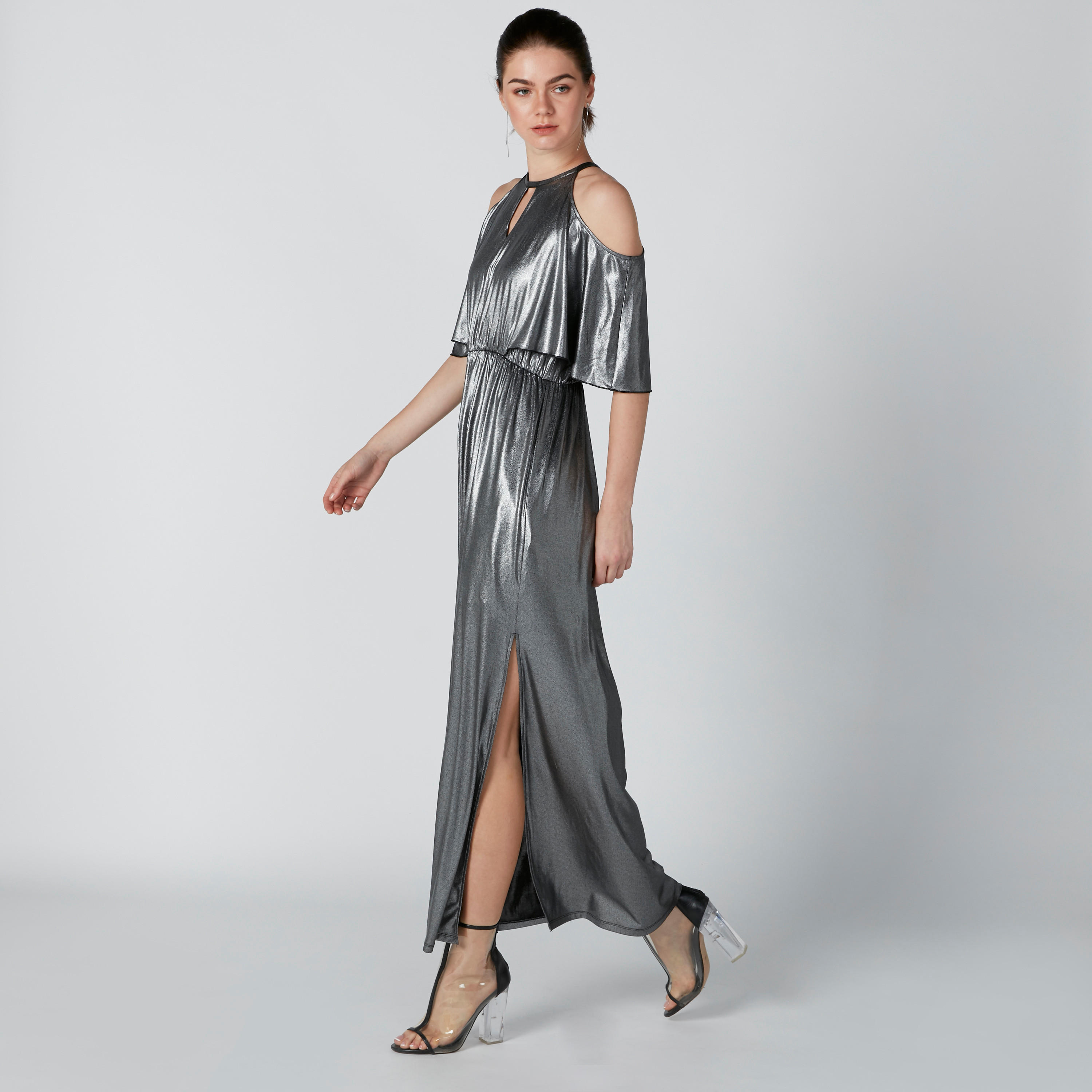 فستان طويل إيه لاين بأكتاف منسدلة وفتحة جانبية-women-clothing-dresses-image-1