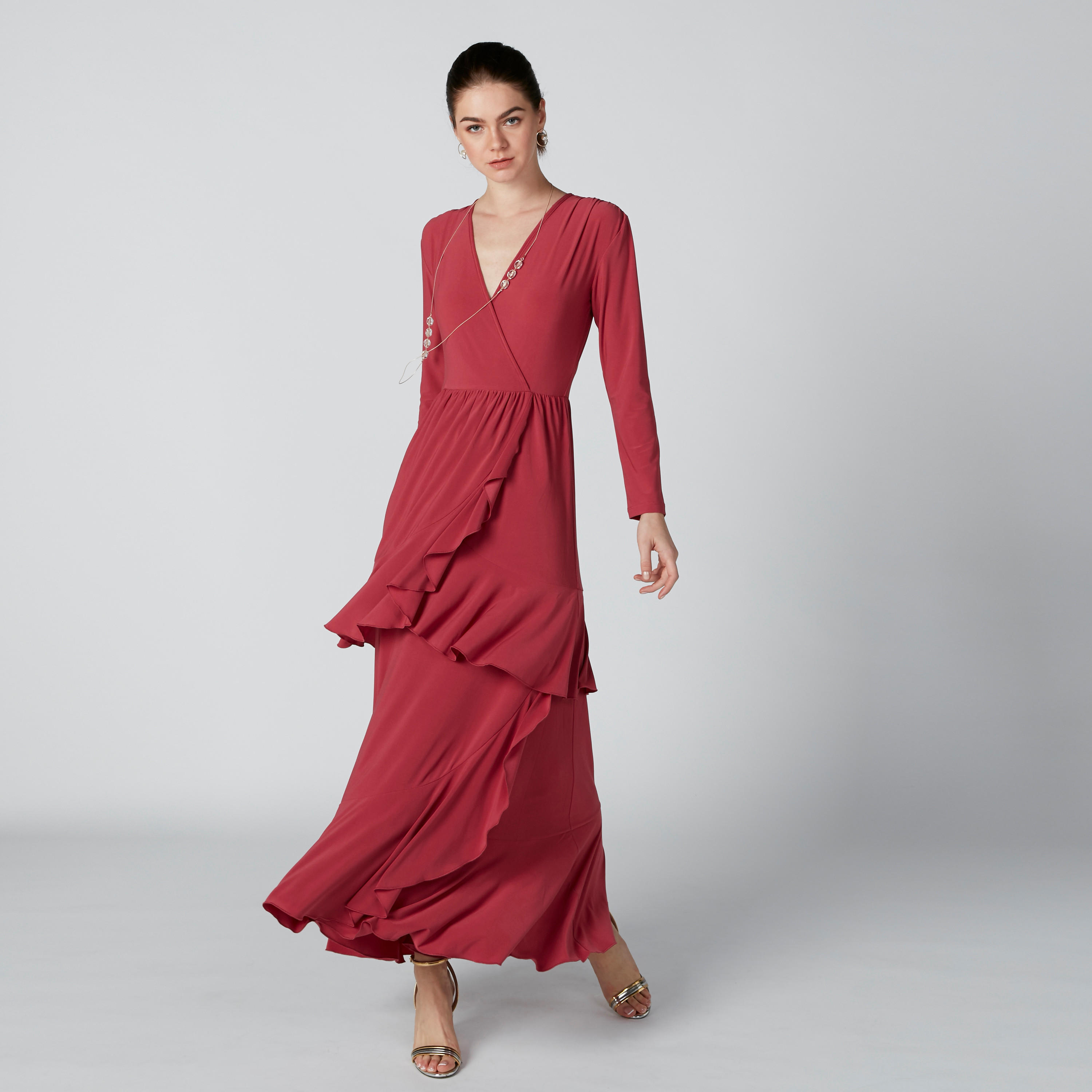 فستان طويل متعدد الطبقات بياقة V وأكمام طويلة-women-clothing-dresses-image-1