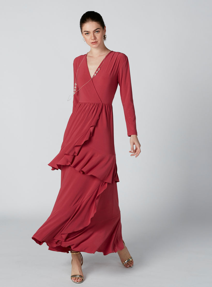 فستان طويل متعدد الطبقات بياقة V وأكمام طويلة-women-clothing-dresses-image-1