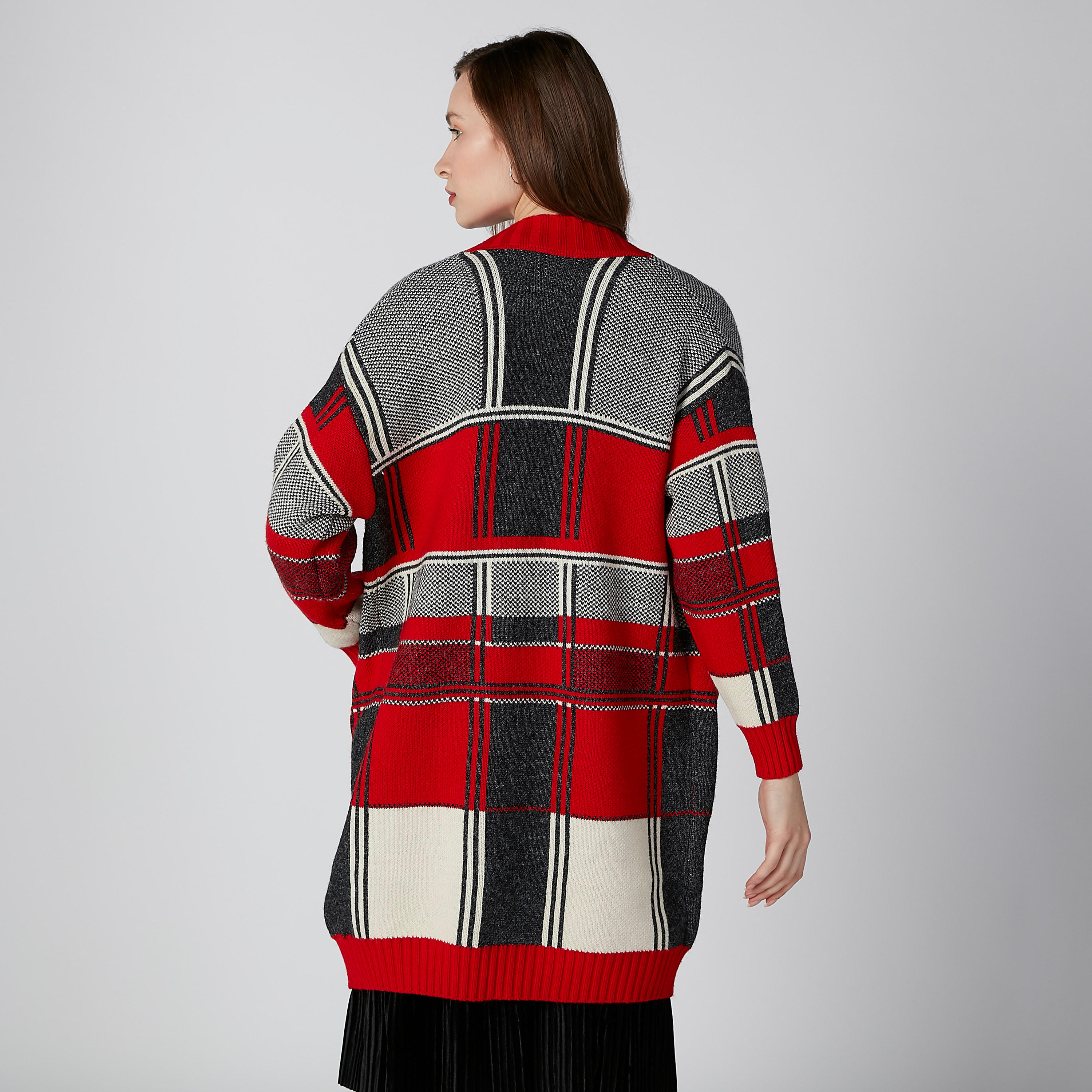 كارديجان كاروهات طويل مفتوح من الأمام بجيوب-women-winterwear-cardigansandjumpers-cardigans-image-2