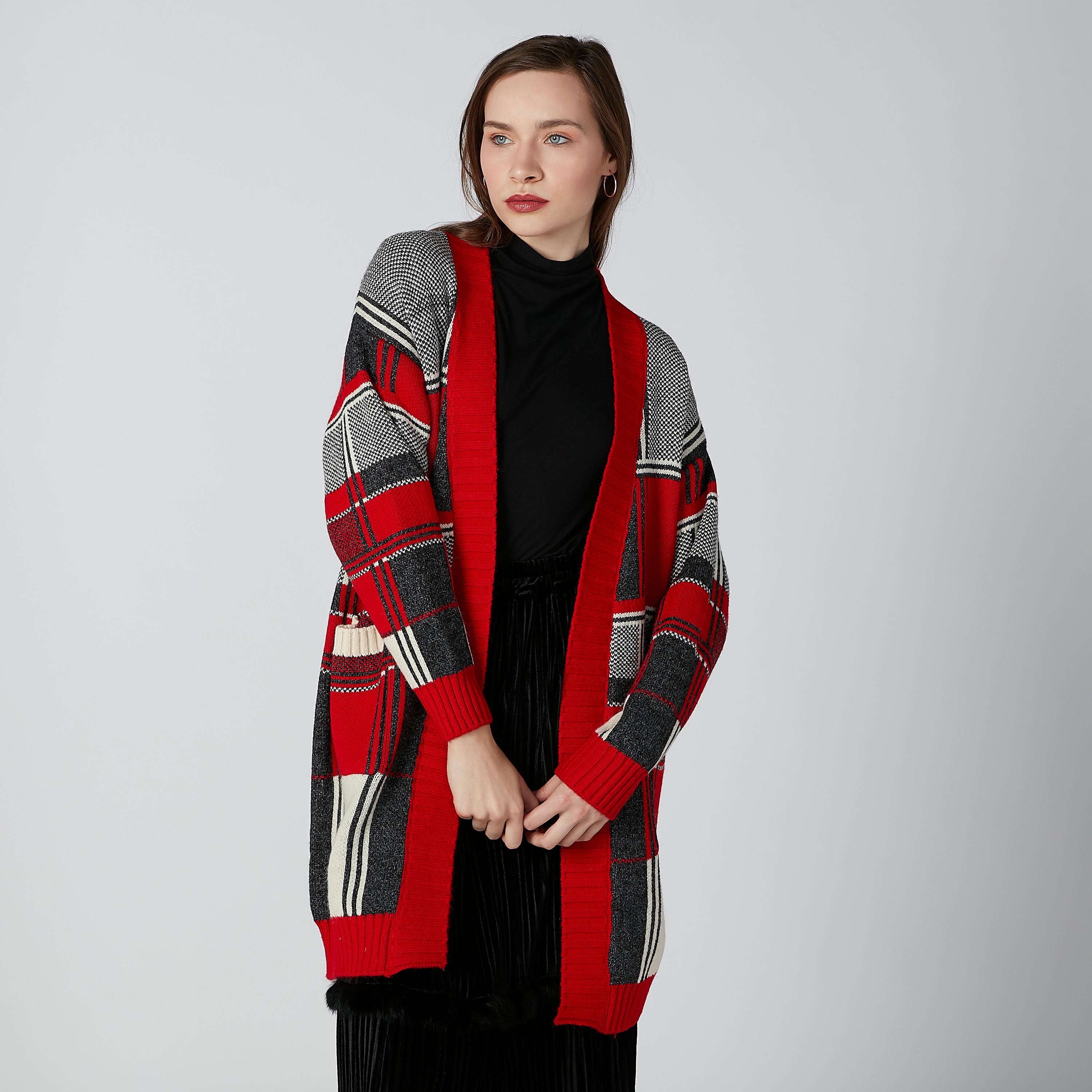 كارديجان كاروهات طويل مفتوح من الأمام بجيوب-women-winterwear-cardigansandjumpers-cardigans-image-4
