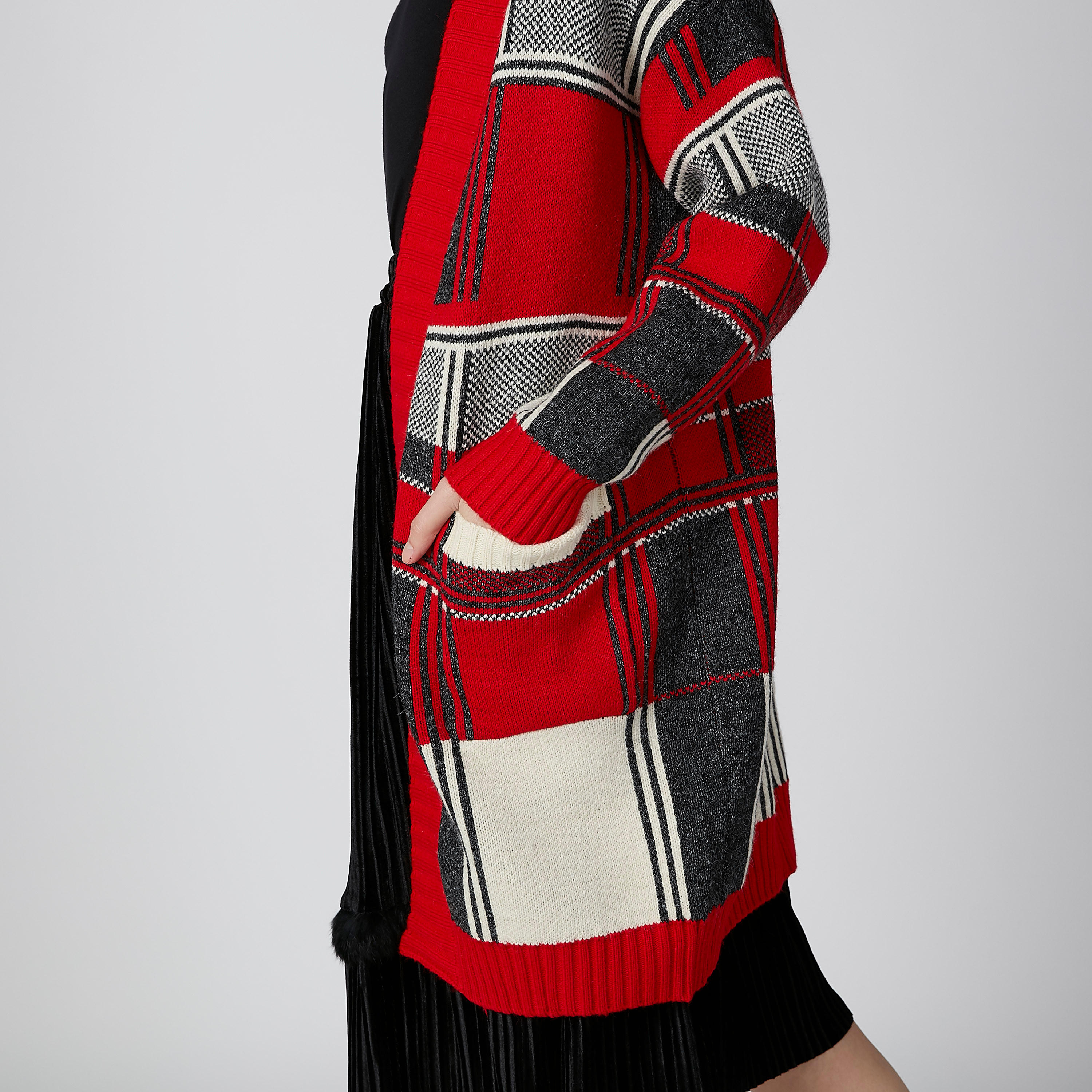كارديجان كاروهات طويل مفتوح من الأمام بجيوب-women-winterwear-cardigansandjumpers-cardigans-image-6