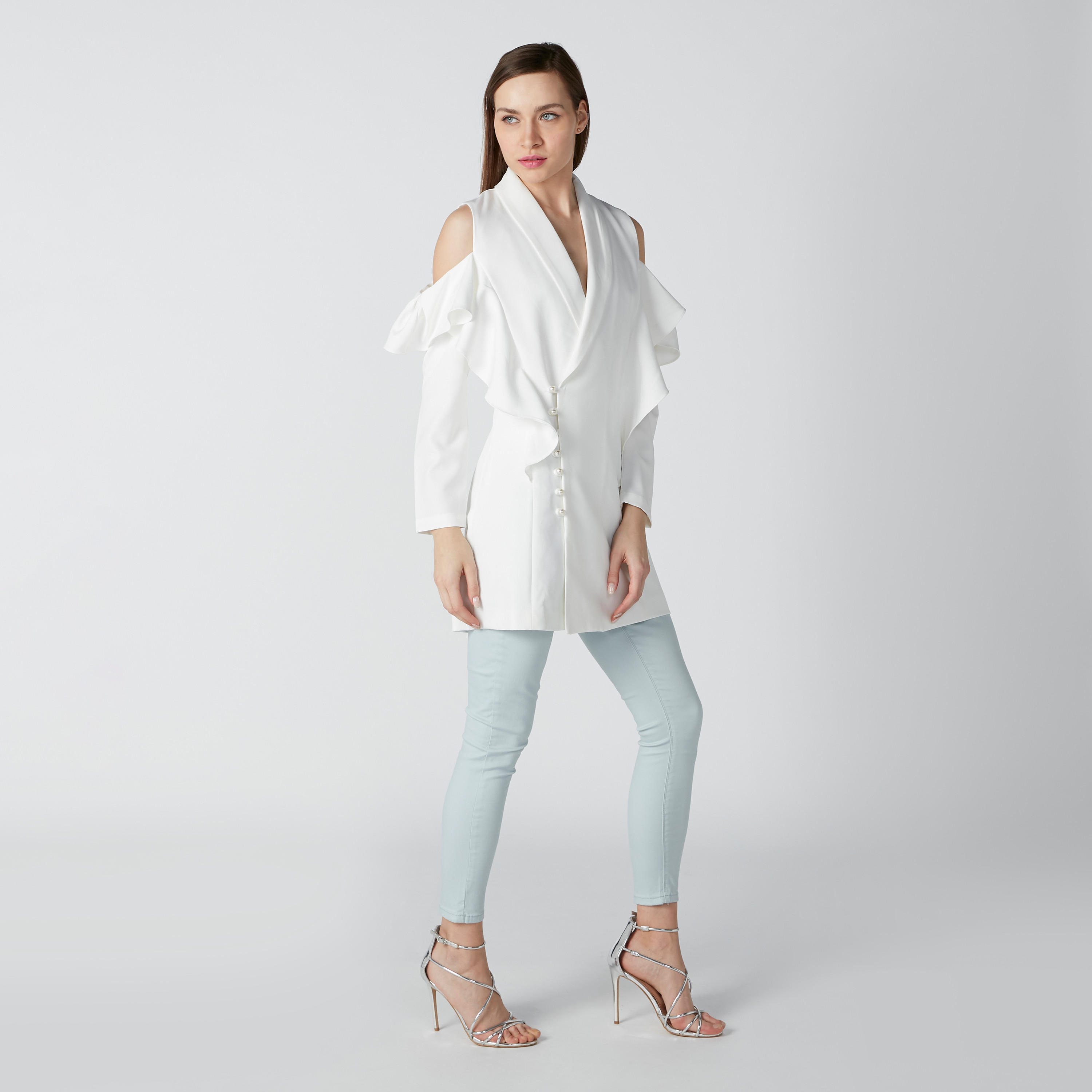 Cold Shoulder Longline Jacket with Pearl and Ruffle Detail-women-clothing-coatsandjackets-coats-image-1
