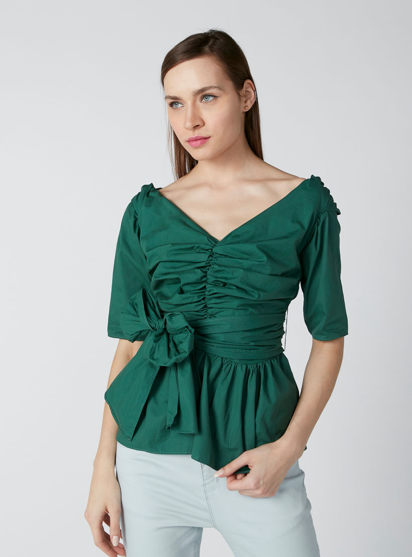 بلوزة بياقة طوق وأكمام قصيرة وفيونكة-women-clothing-shirtsandblouses-blouses-image-3
