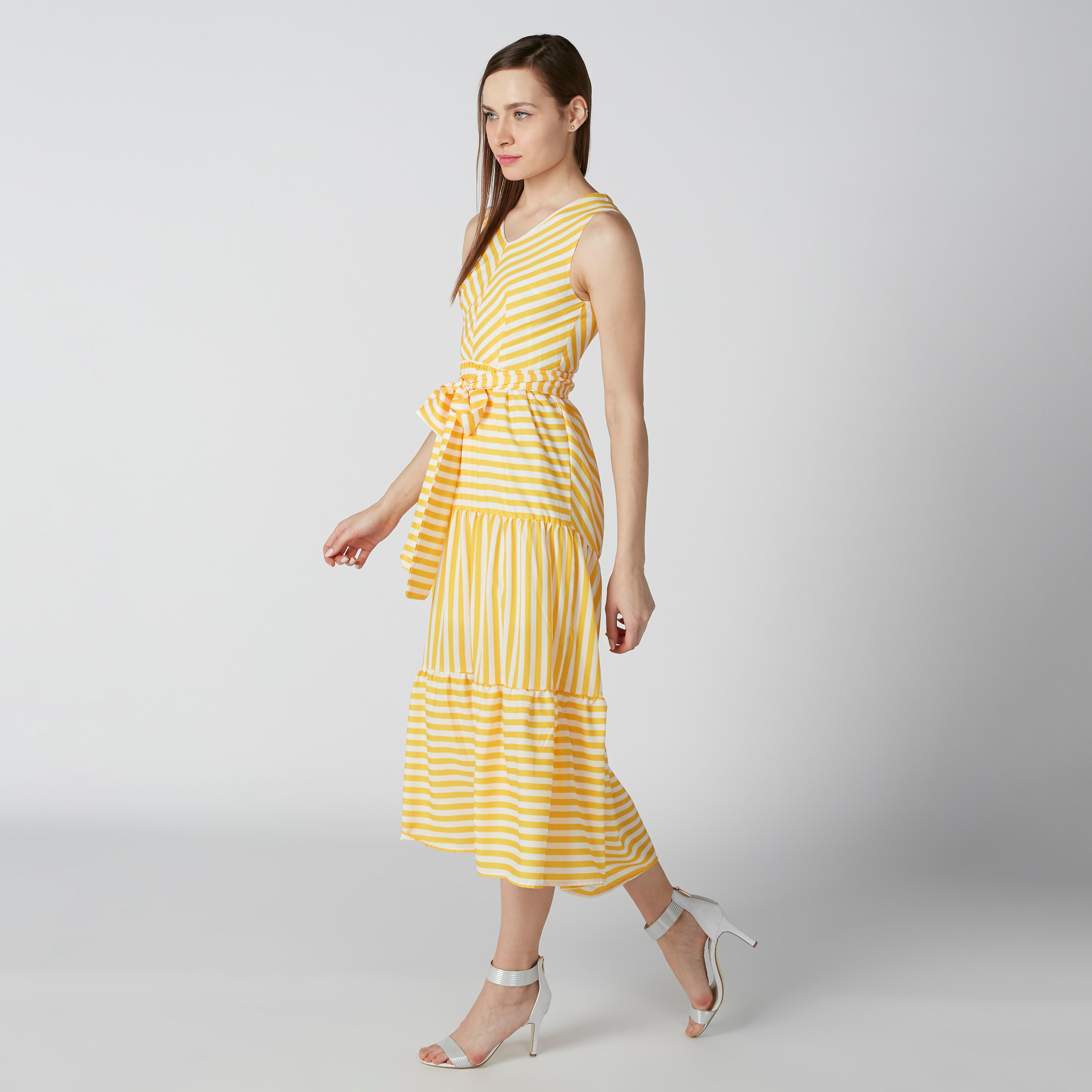 فستان مقلّم إيه لاين متوسط الطول دون أكمام بحزام رباط-women-clothing-dresses-image-1