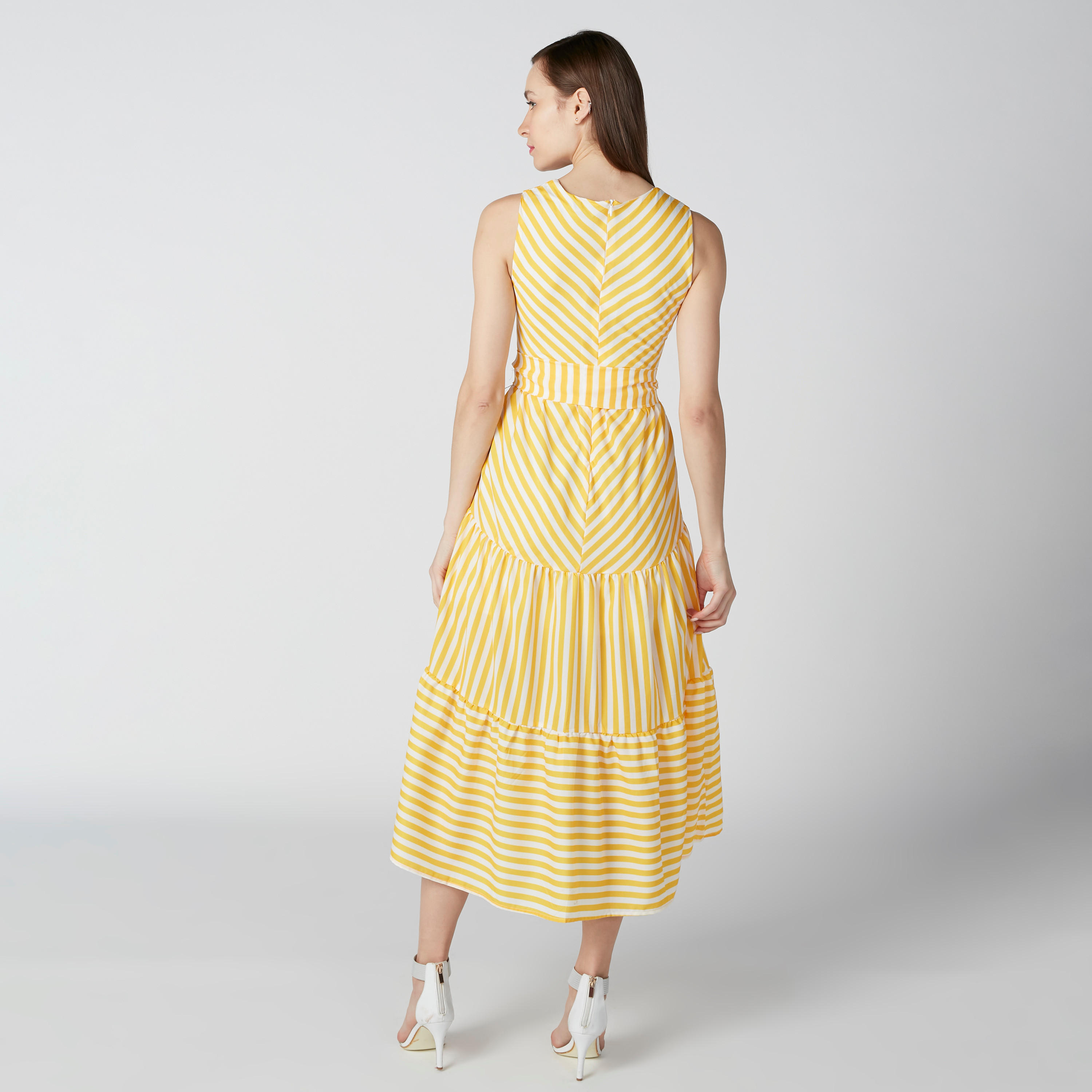 فستان مقلّم إيه لاين متوسط الطول دون أكمام بحزام رباط-women-clothing-dresses-image-2