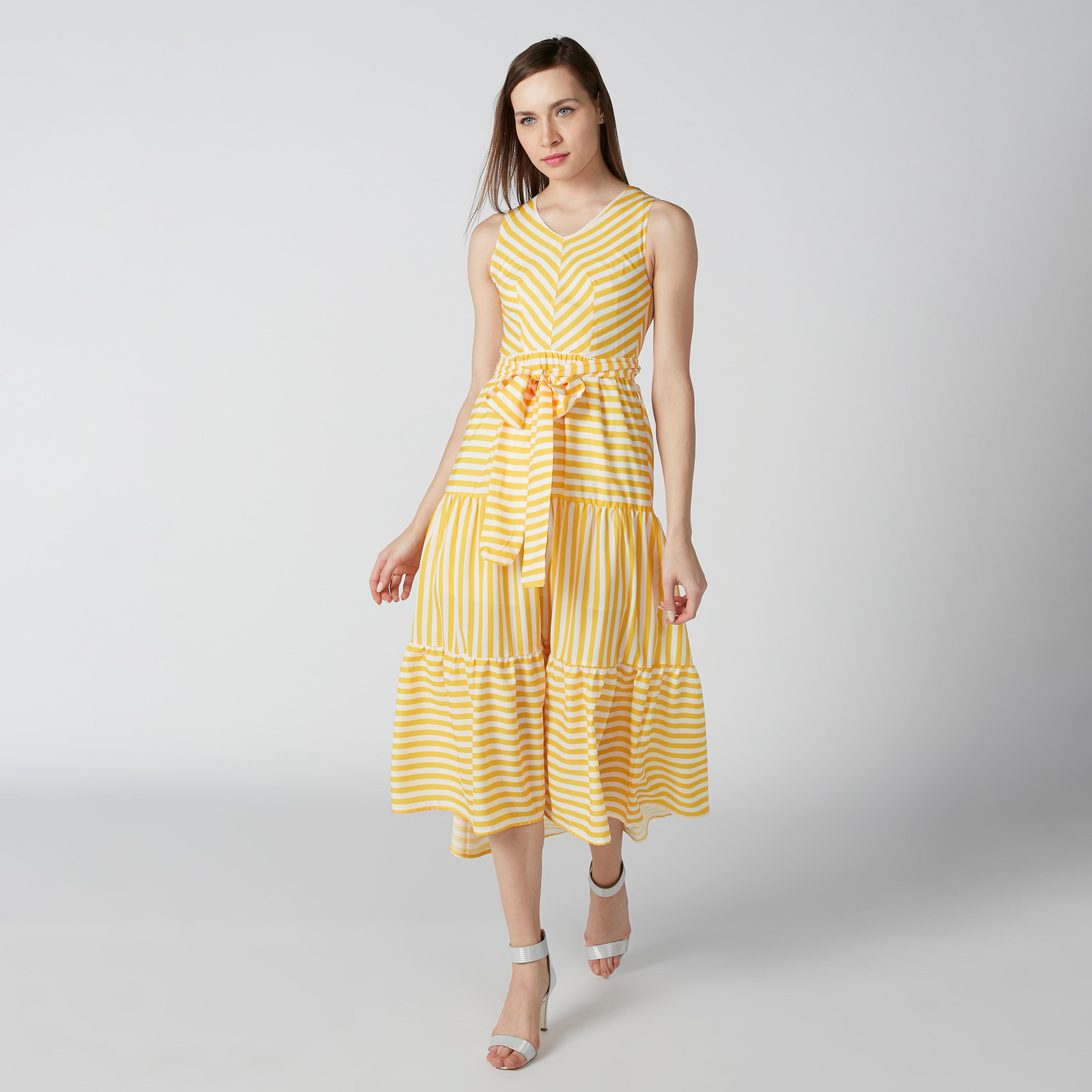 فستان مقلّم إيه لاين متوسط الطول دون أكمام بحزام رباط-women-clothing-dresses-image-3