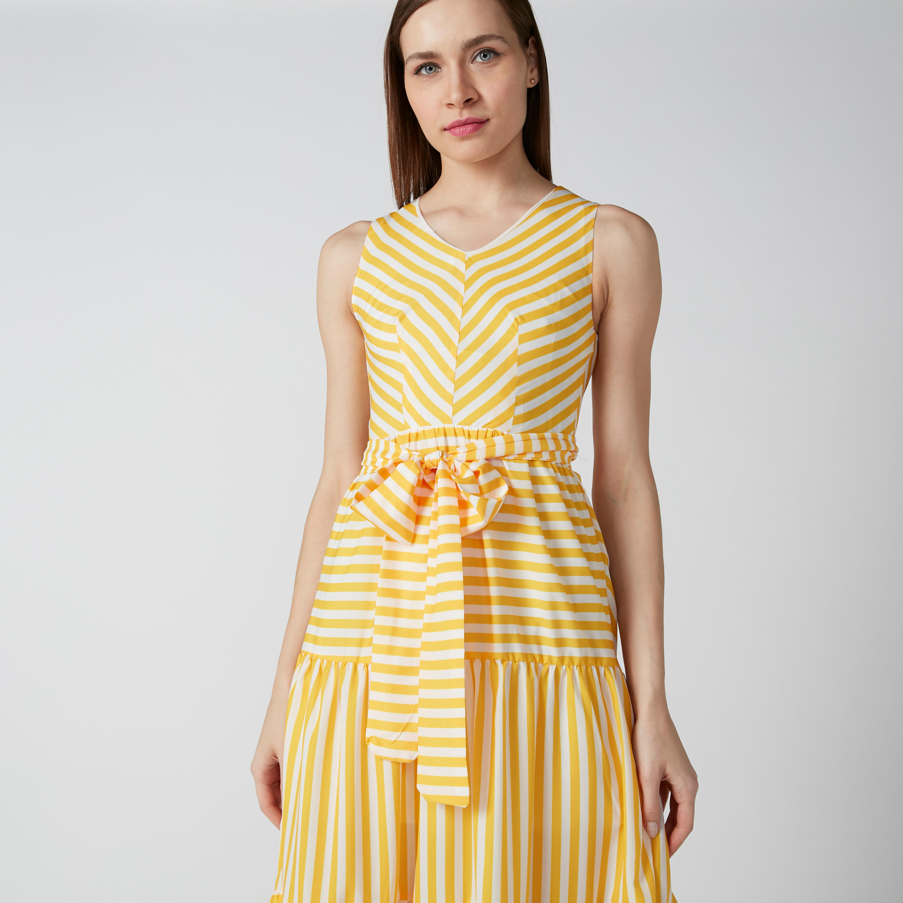 فستان مقلّم إيه لاين متوسط الطول دون أكمام بحزام رباط-women-clothing-dresses-image-4