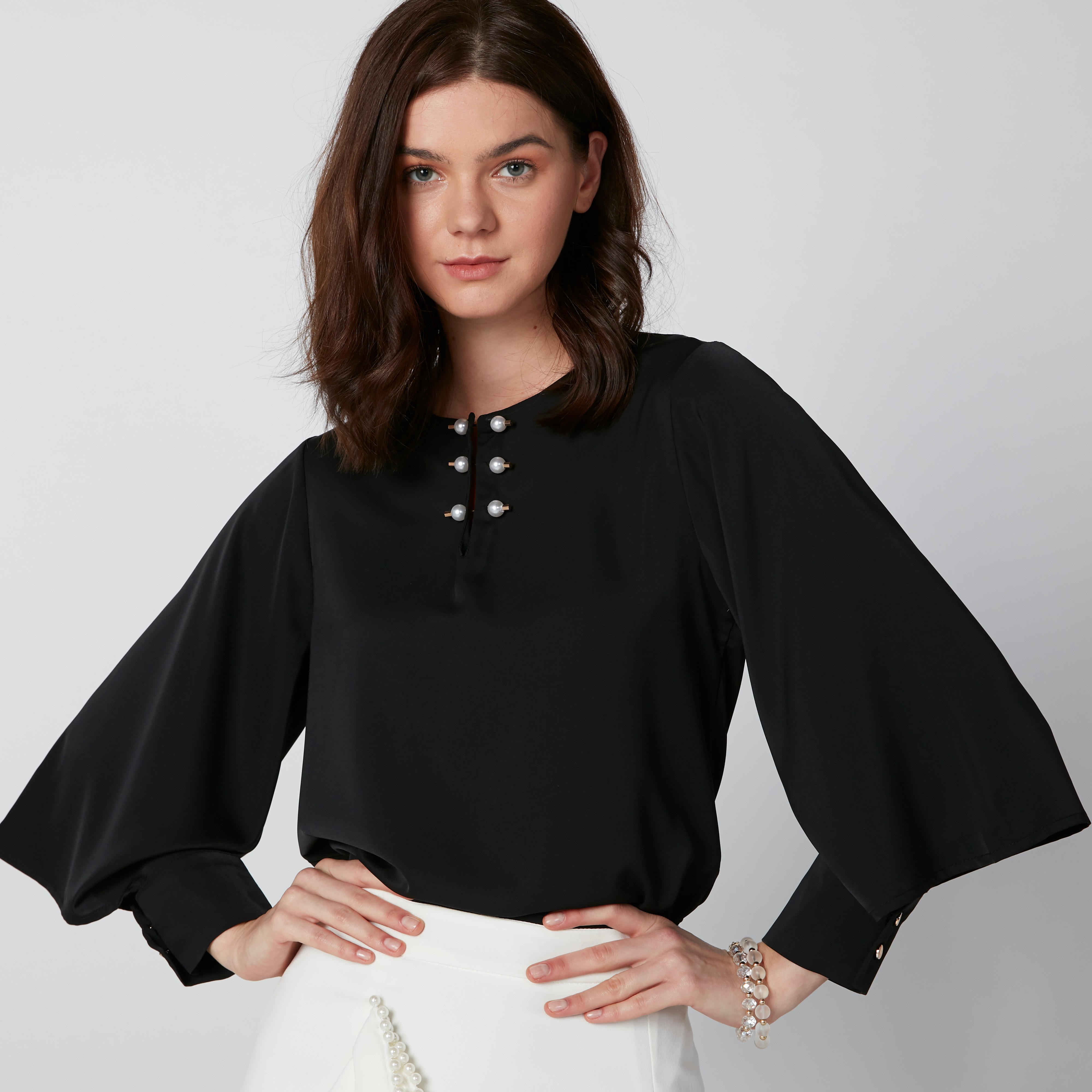 Pearl Detail Top with Round Neck and Long Sleeves-women-clothing-shirtsandblouses-blouses-image-2