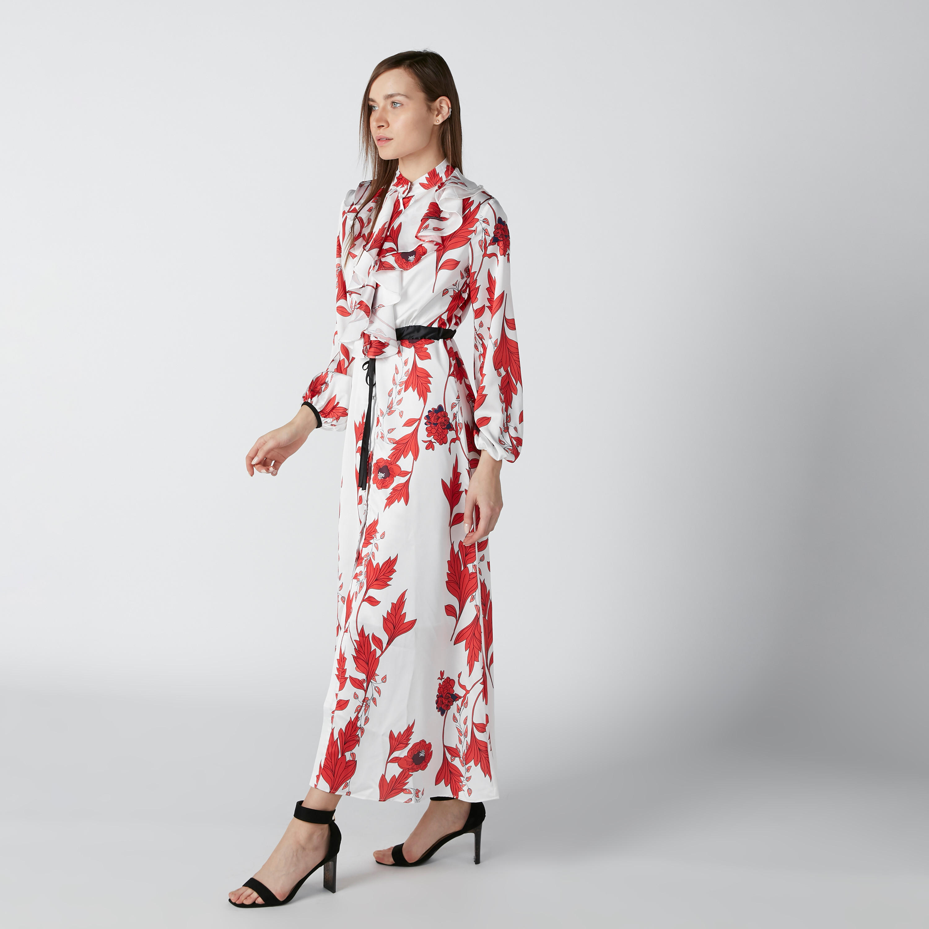 فستان طويل بحزام رباط وتفاصيل كشكش وطبعات زهرية-women-clothing-dresses-image-1