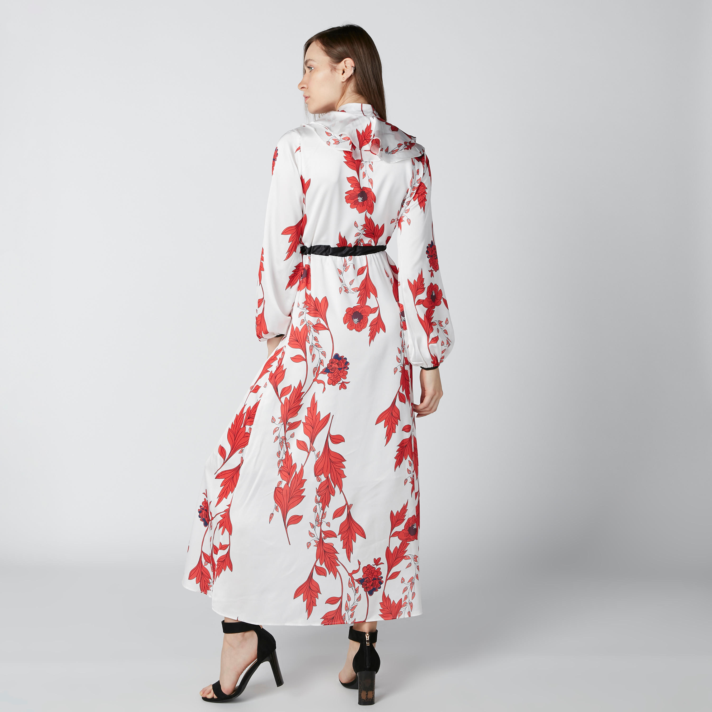 فستان طويل بحزام رباط وتفاصيل كشكش وطبعات زهرية-women-clothing-dresses-image-2