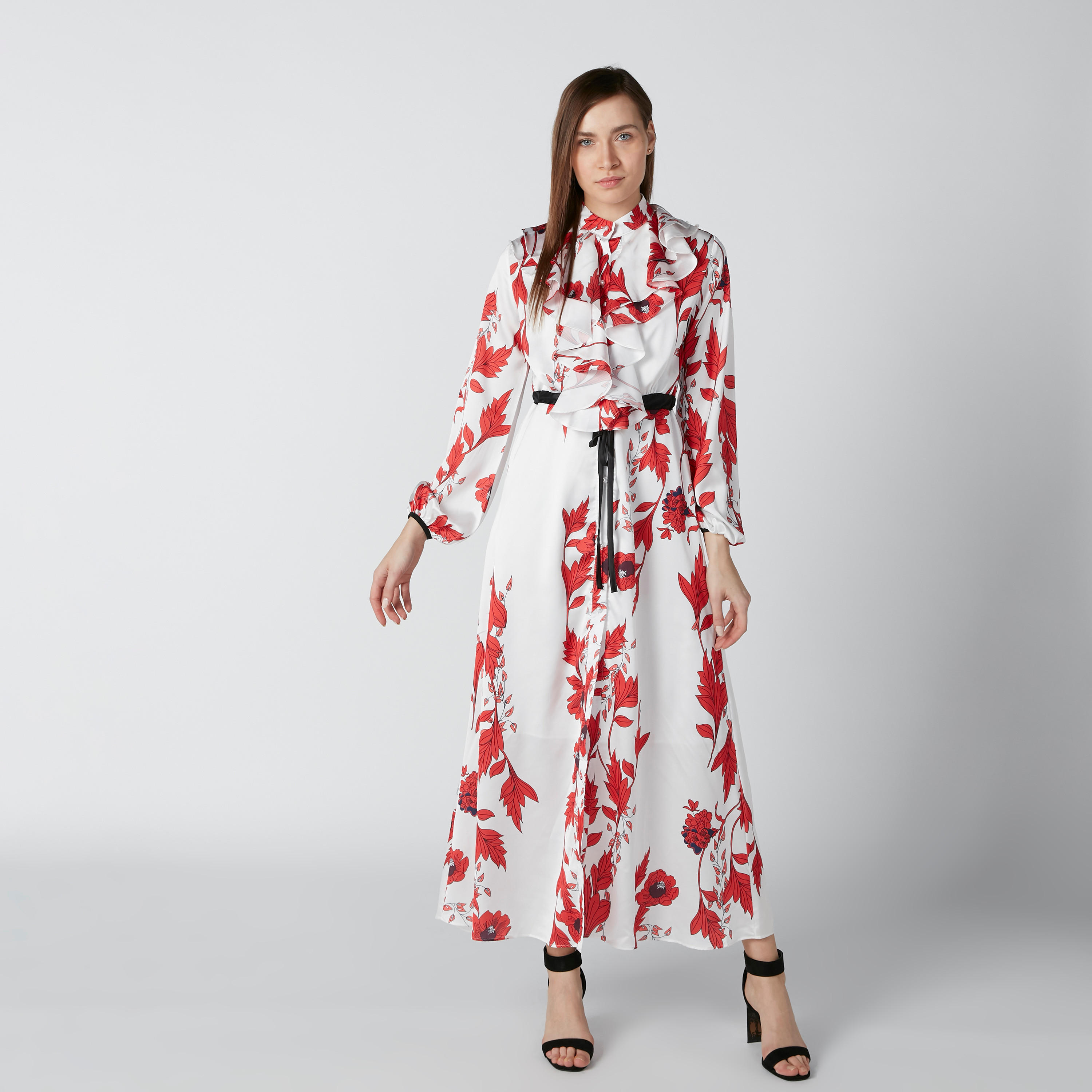 فستان طويل بحزام رباط وتفاصيل كشكش وطبعات زهرية-women-clothing-dresses-image-3