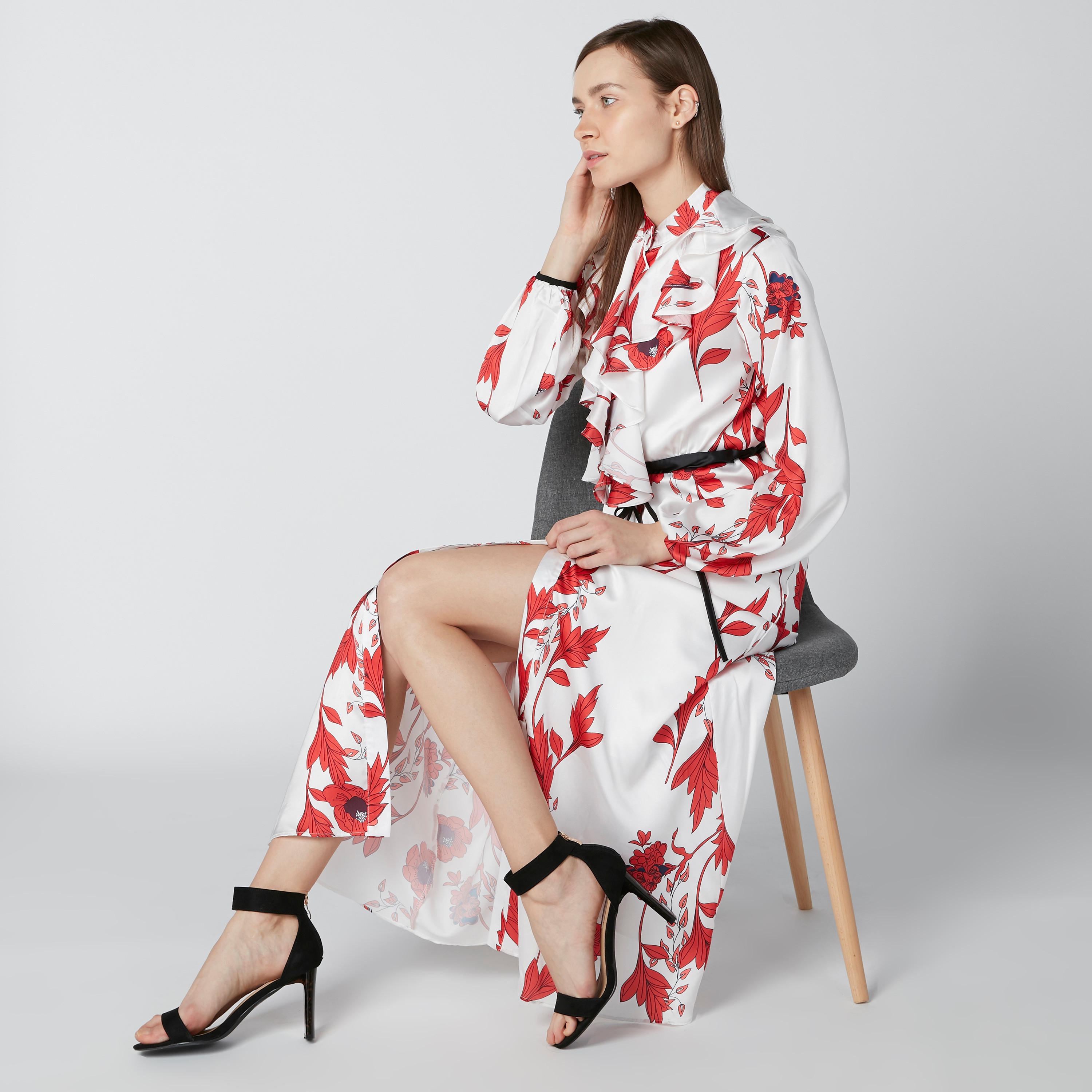 فستان طويل بحزام رباط وتفاصيل كشكش وطبعات زهرية-women-clothing-dresses-image-4