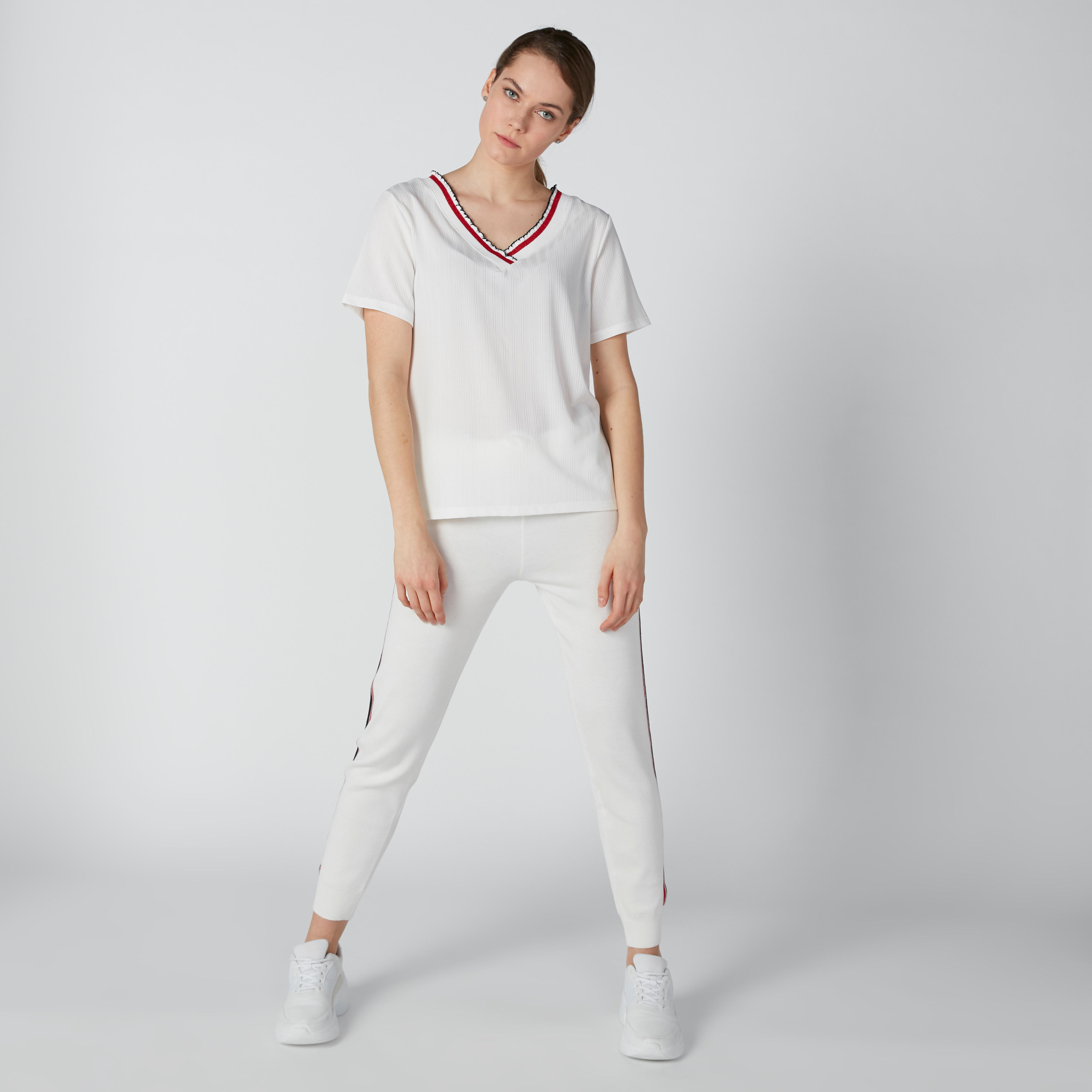 Textured T-Shirt with V-Neck and Short Sleeves-women-clothing-tshirts-image-1