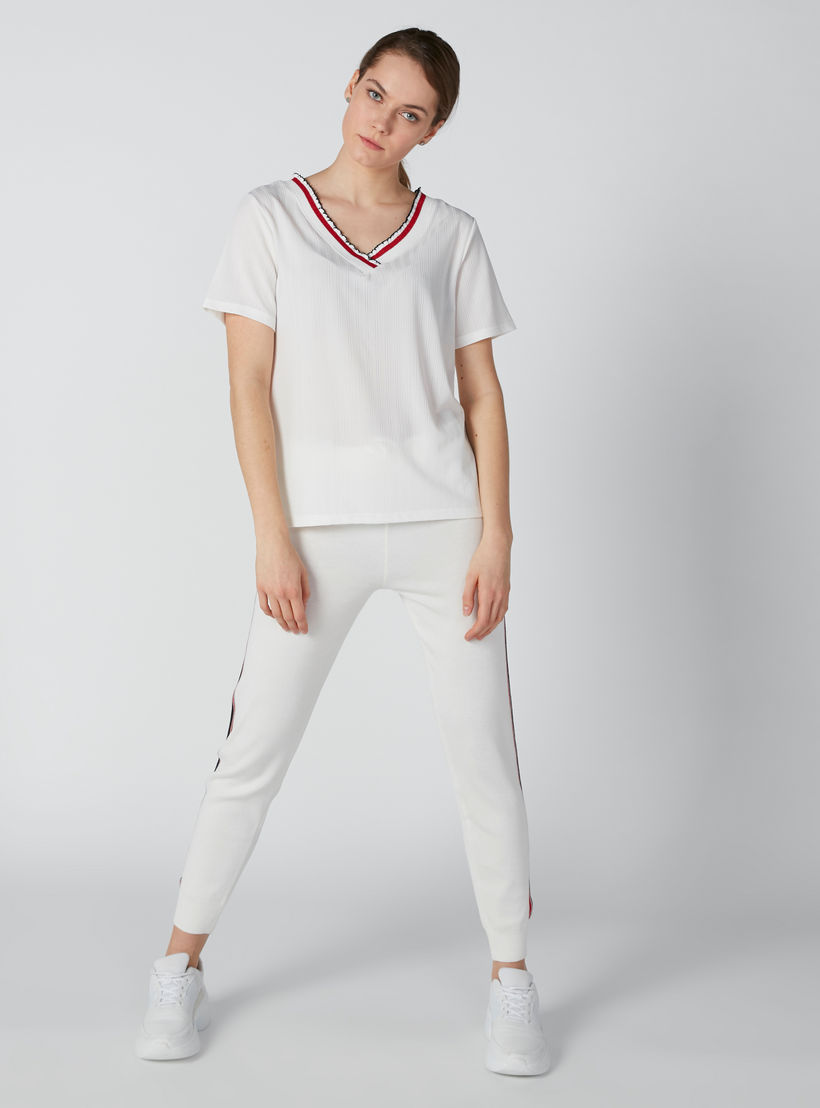 Textured T-Shirt with V-Neck and Short Sleeves-women-clothing-tshirts-image-1