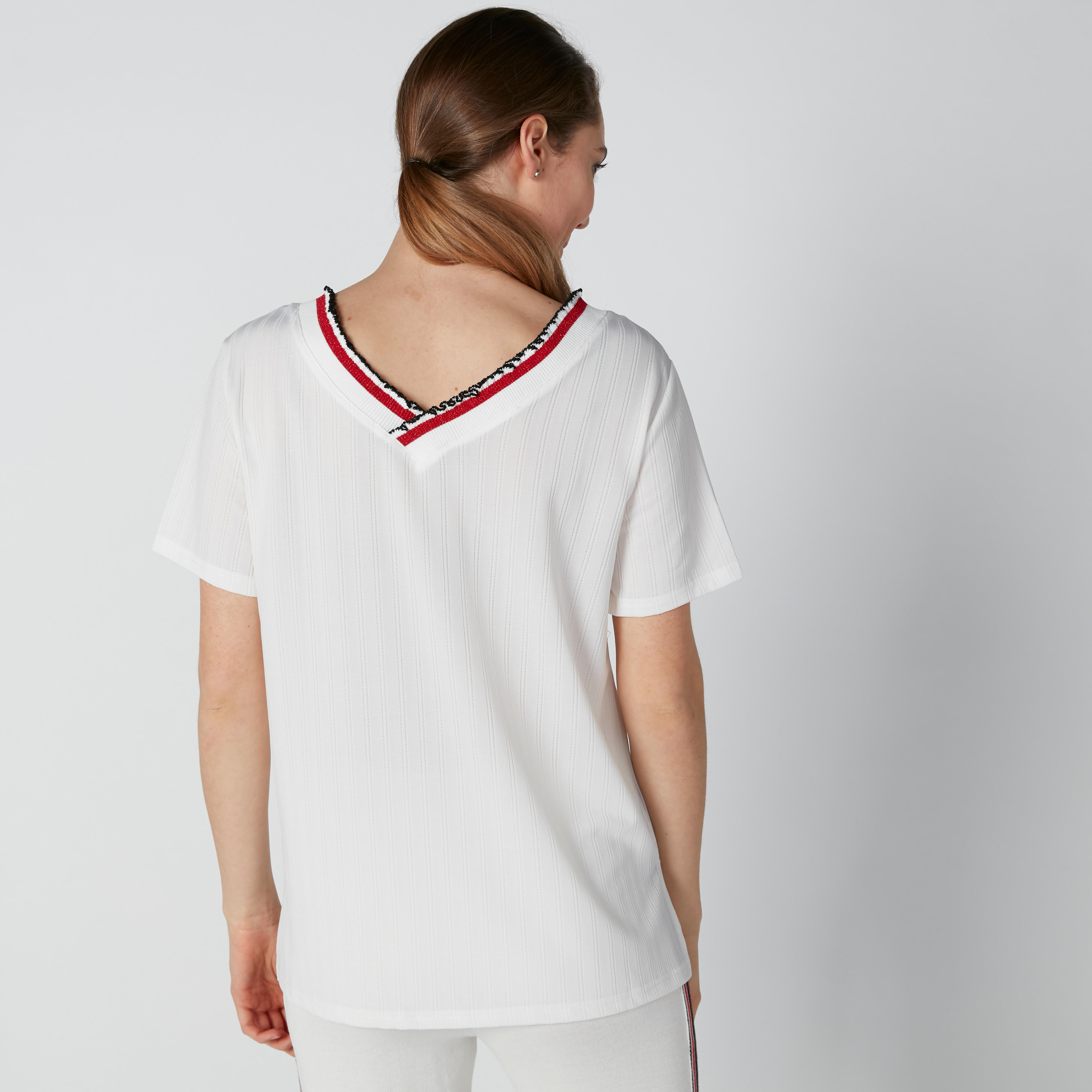 Textured T-Shirt with V-Neck and Short Sleeves-women-clothing-tshirts-image-2