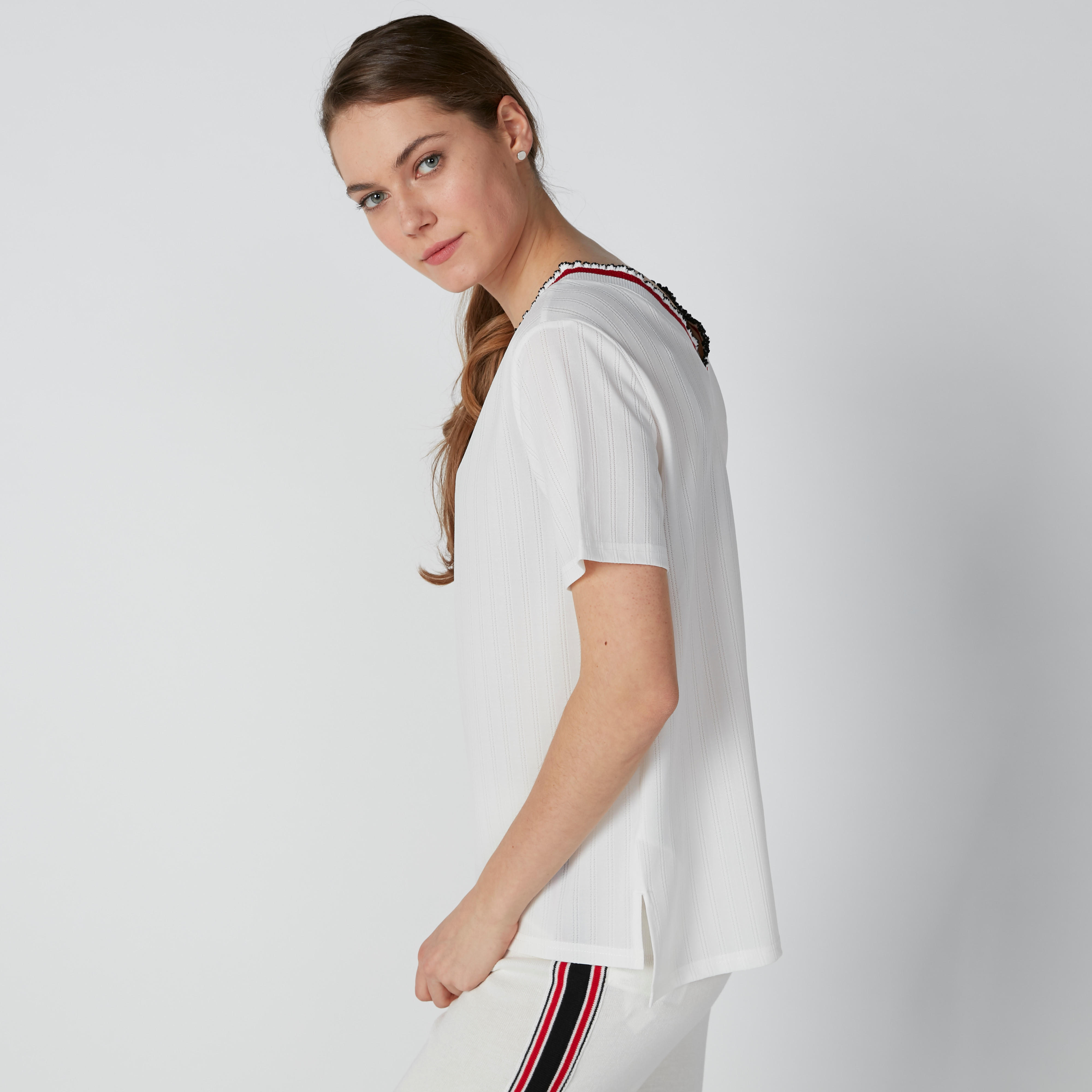 Textured T-Shirt with V-Neck and Short Sleeves-women-clothing-tshirts-image-3
