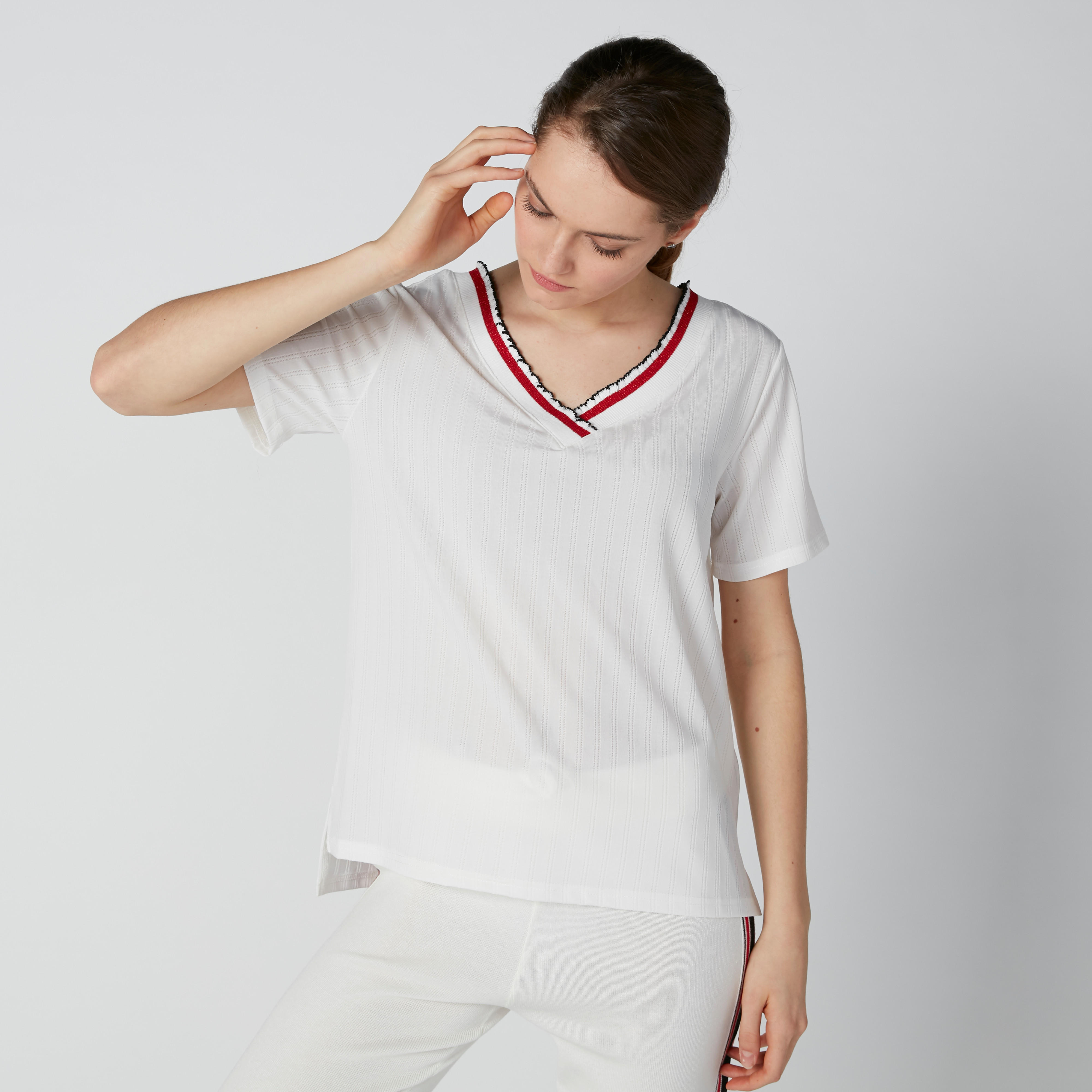 Textured T-Shirt with V-Neck and Short Sleeves-women-clothing-tshirts-image-5