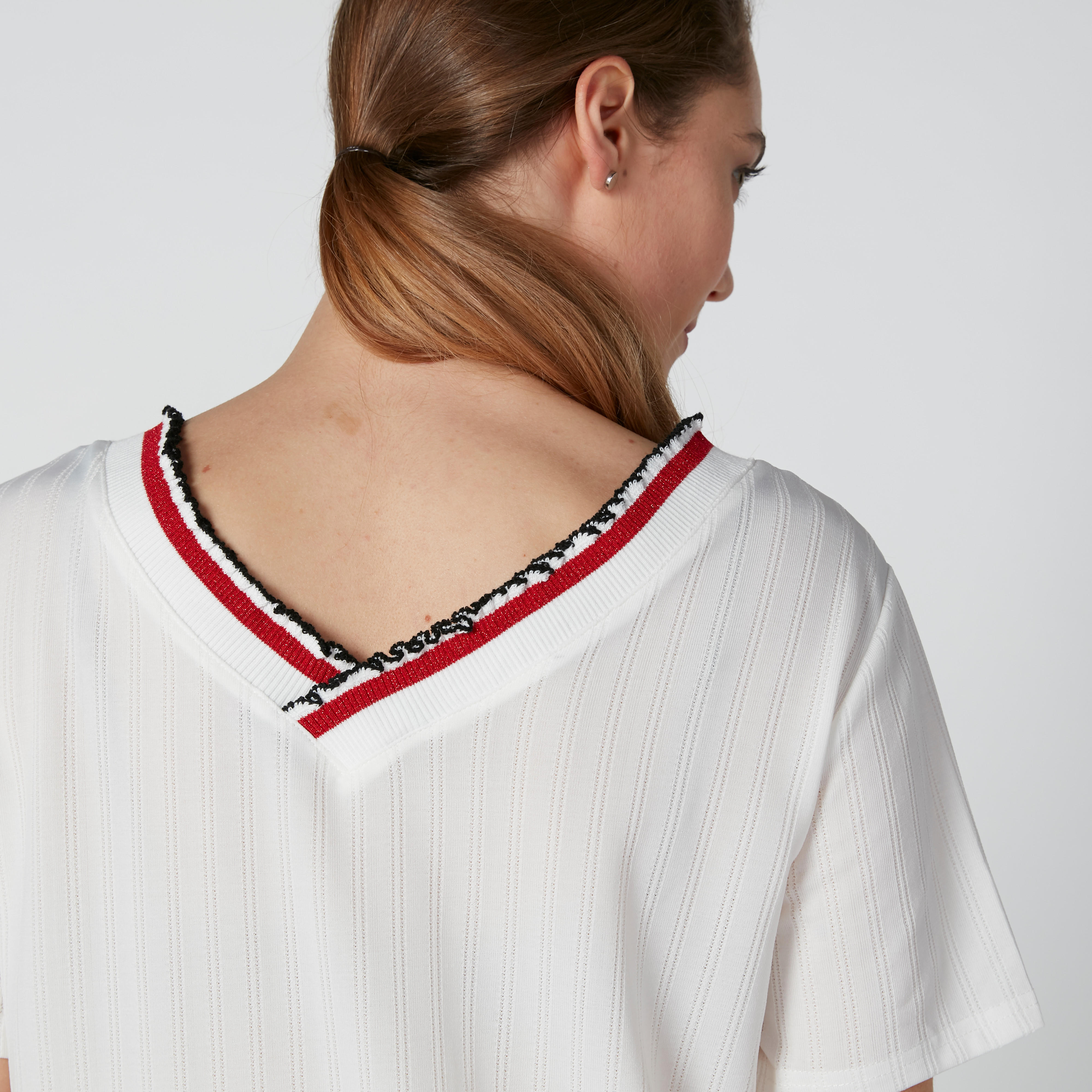 Textured T-Shirt with V-Neck and Short Sleeves-women-clothing-tshirts-image-6