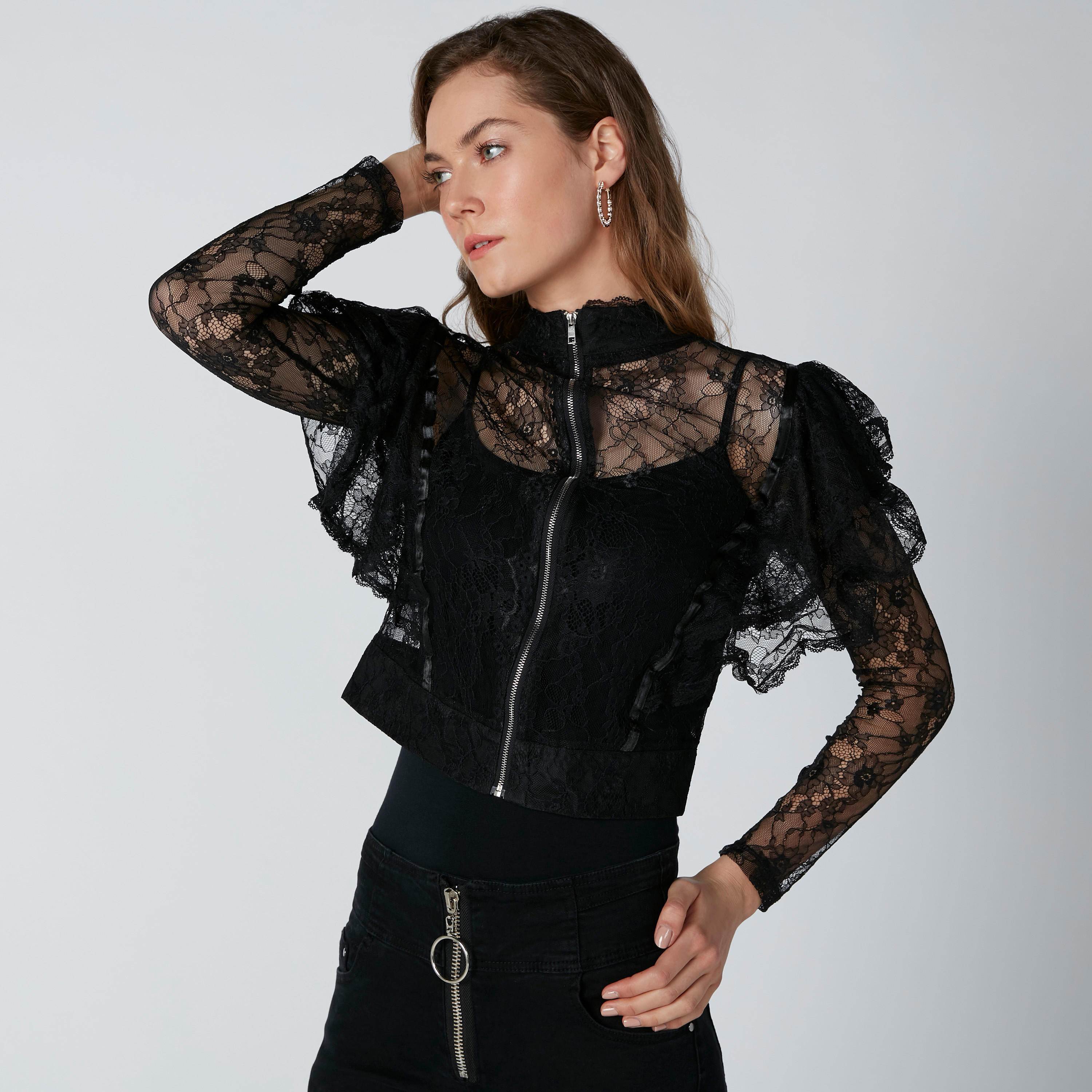 Lace Top  with Zip Closure and Long Sleeves-women-clothing-shirtsandblouses-blouses-image-4