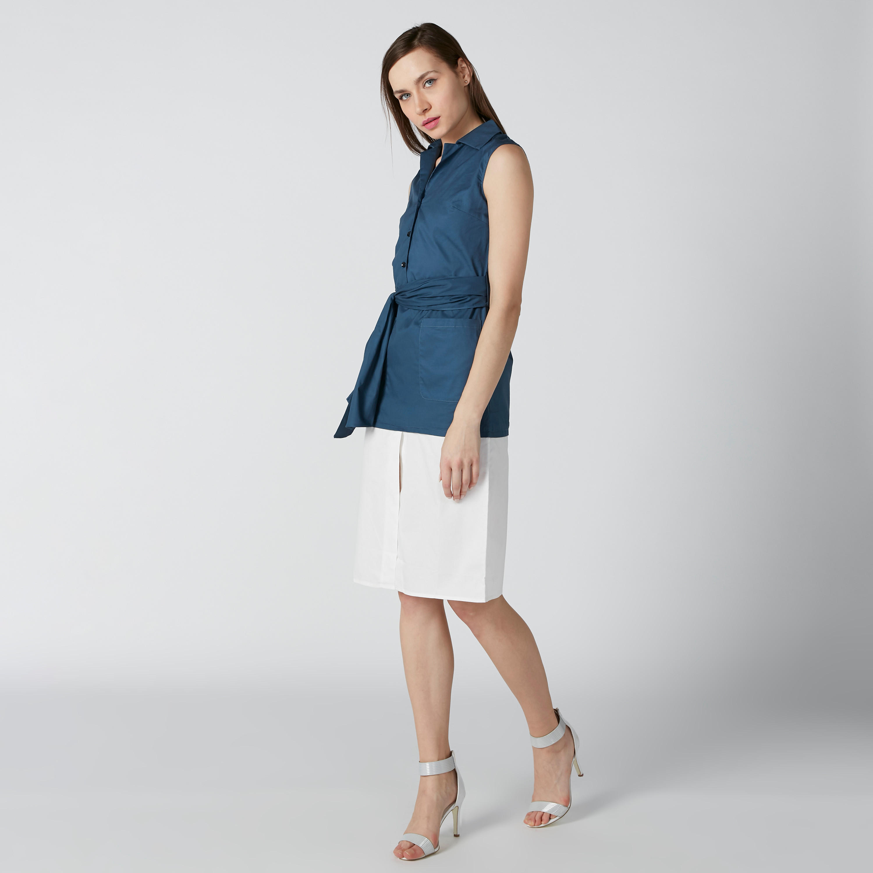 فستان متوسط الطول دون أكمام بياقة عاديّة وأربطة وجيوب-women-clothing-dresses-image-1