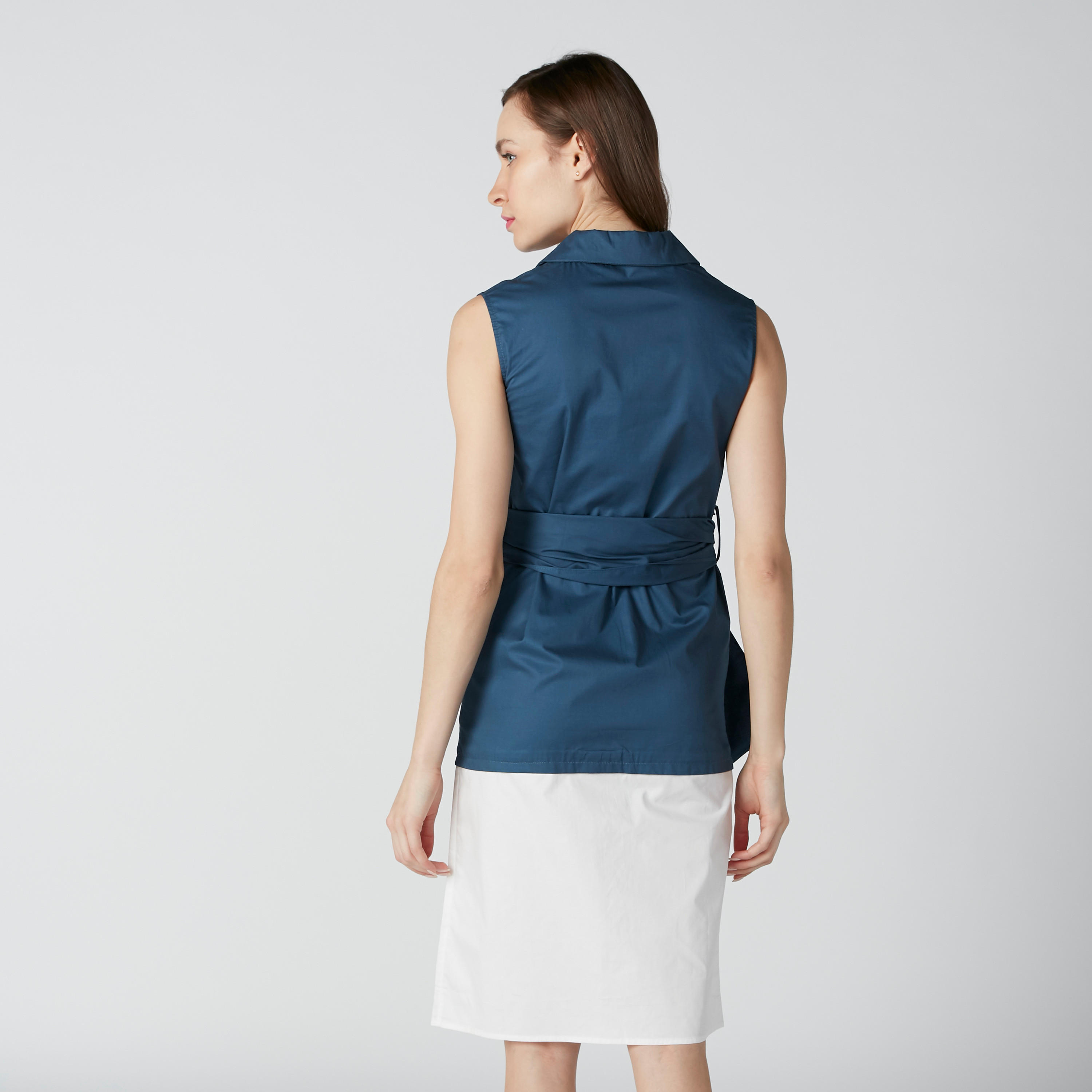 فستان متوسط الطول دون أكمام بياقة عاديّة وأربطة وجيوب-women-clothing-dresses-image-2