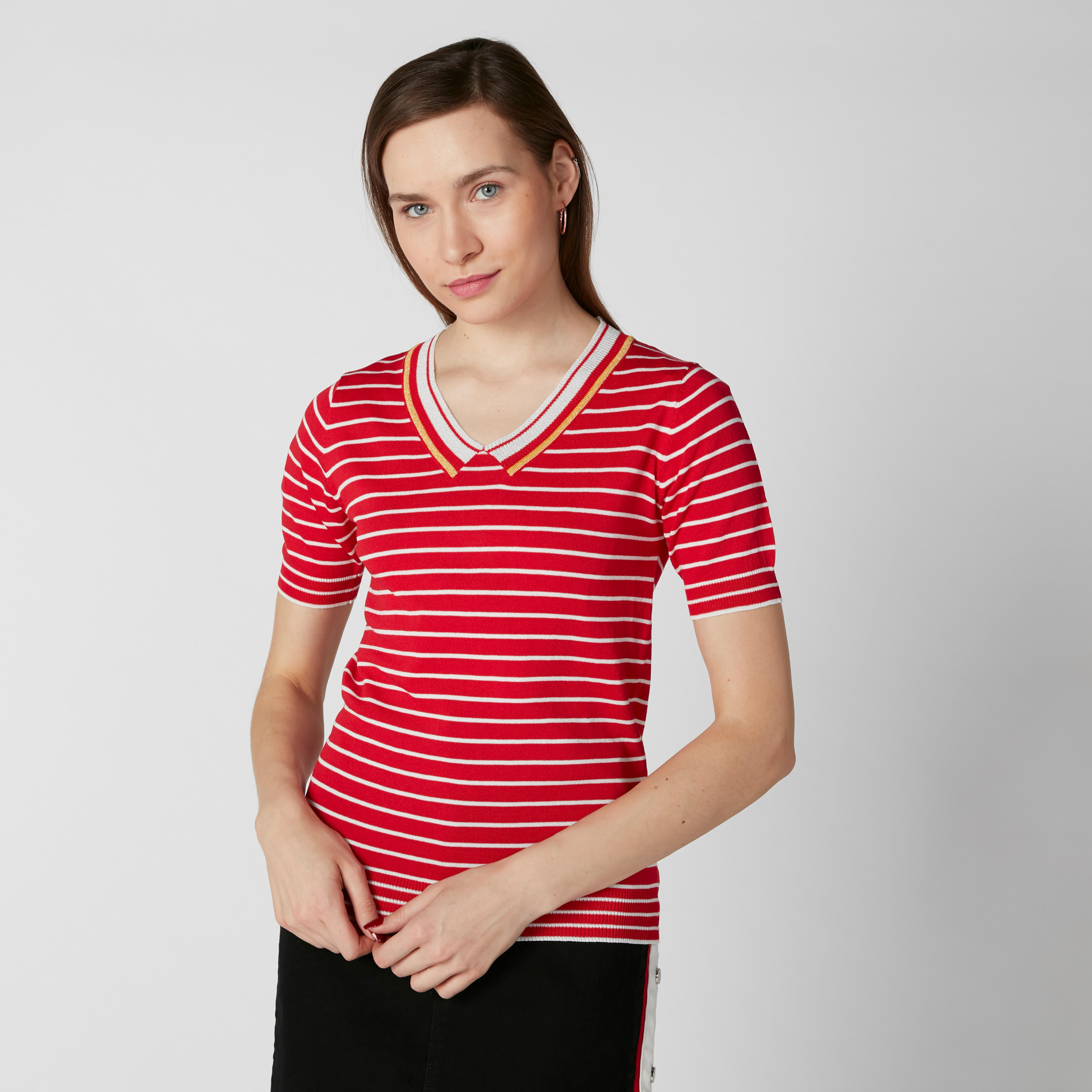 تيشيرت مقلّم بياقة V وأكمام قصيرة-women-clothing-tshirts-image-6