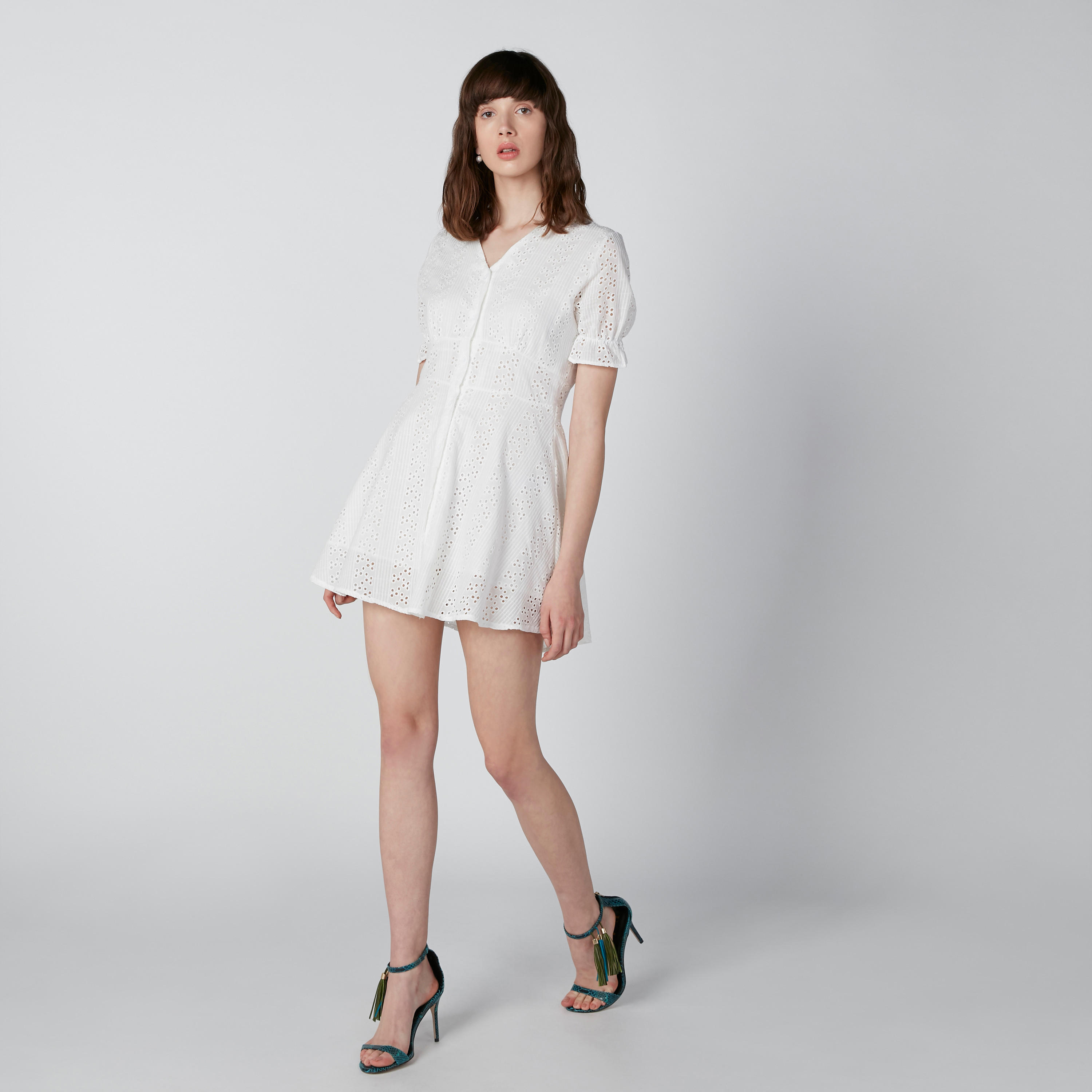 فستان واسع بتفاصيل شيفلي وأكمام قصيرة-women-clothing-dresses-image-1