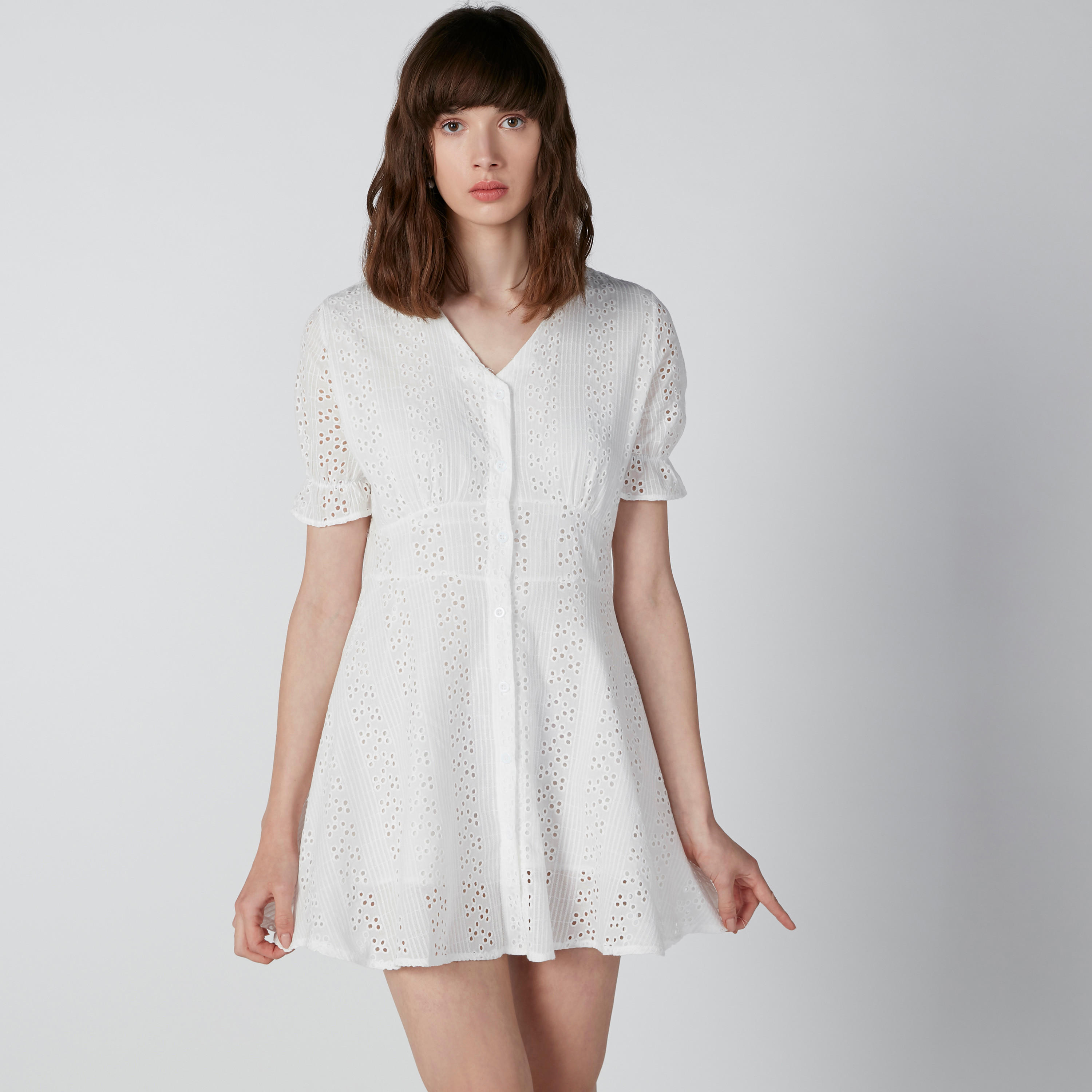 فستان واسع بتفاصيل شيفلي وأكمام قصيرة-women-clothing-dresses-image-2