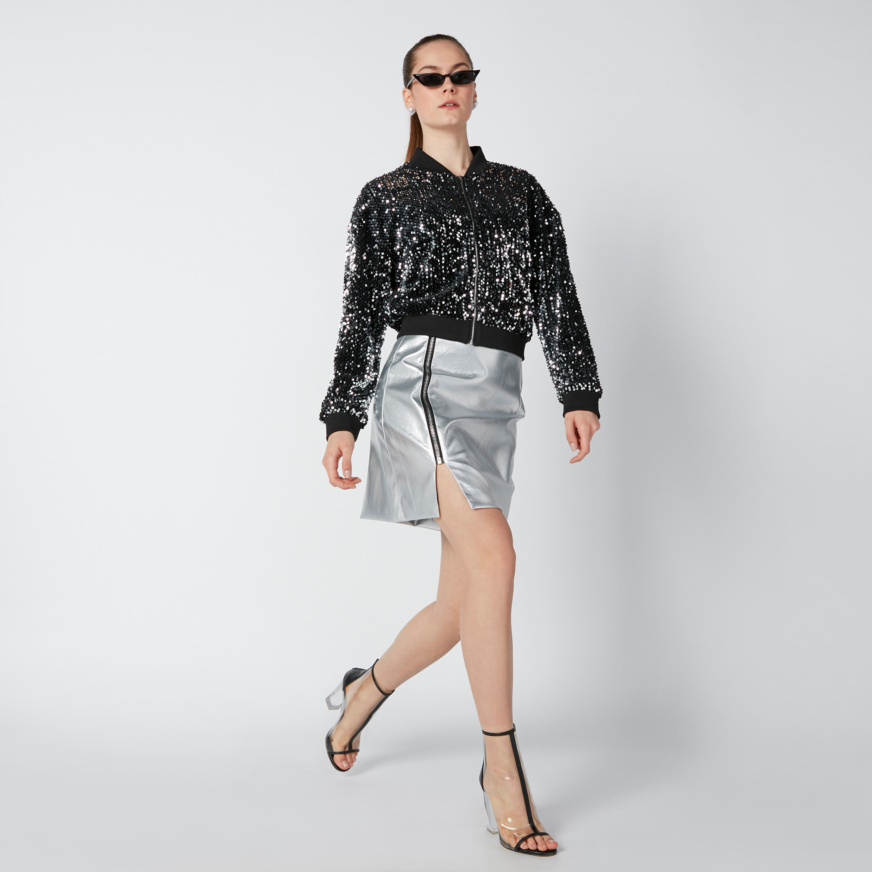 Metallic Mini Skirt with Zip Closure-women-clothing-bottoms-skirts-image-1