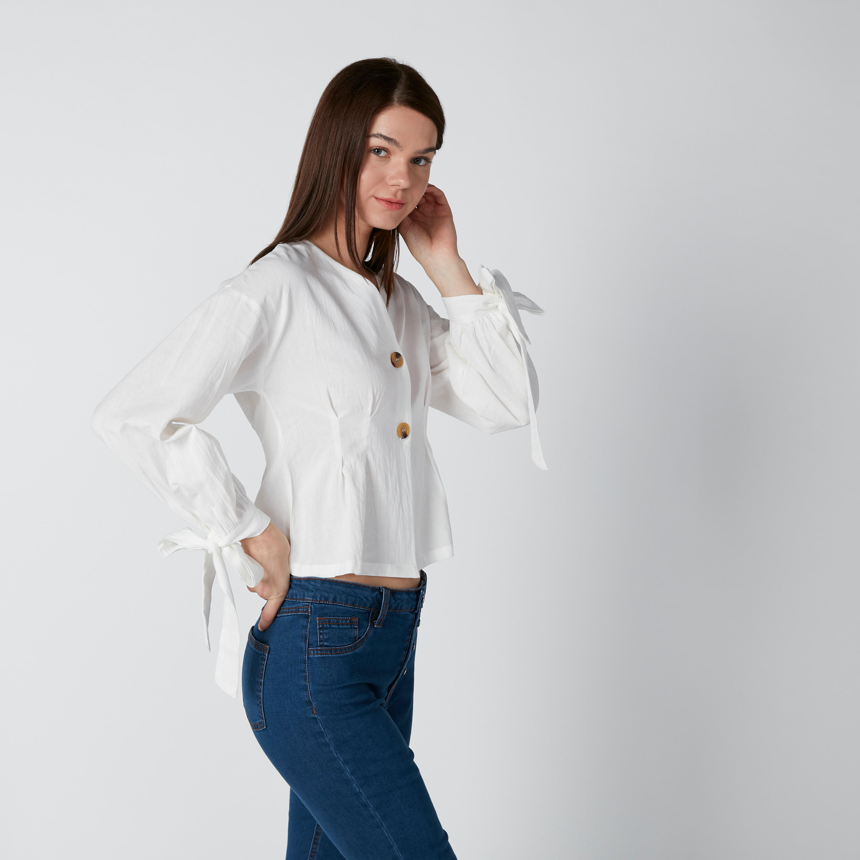 قميص سادة بأكمام طويلة وأربطة-women-clothing-shirtsandblouses-shirts-image-1