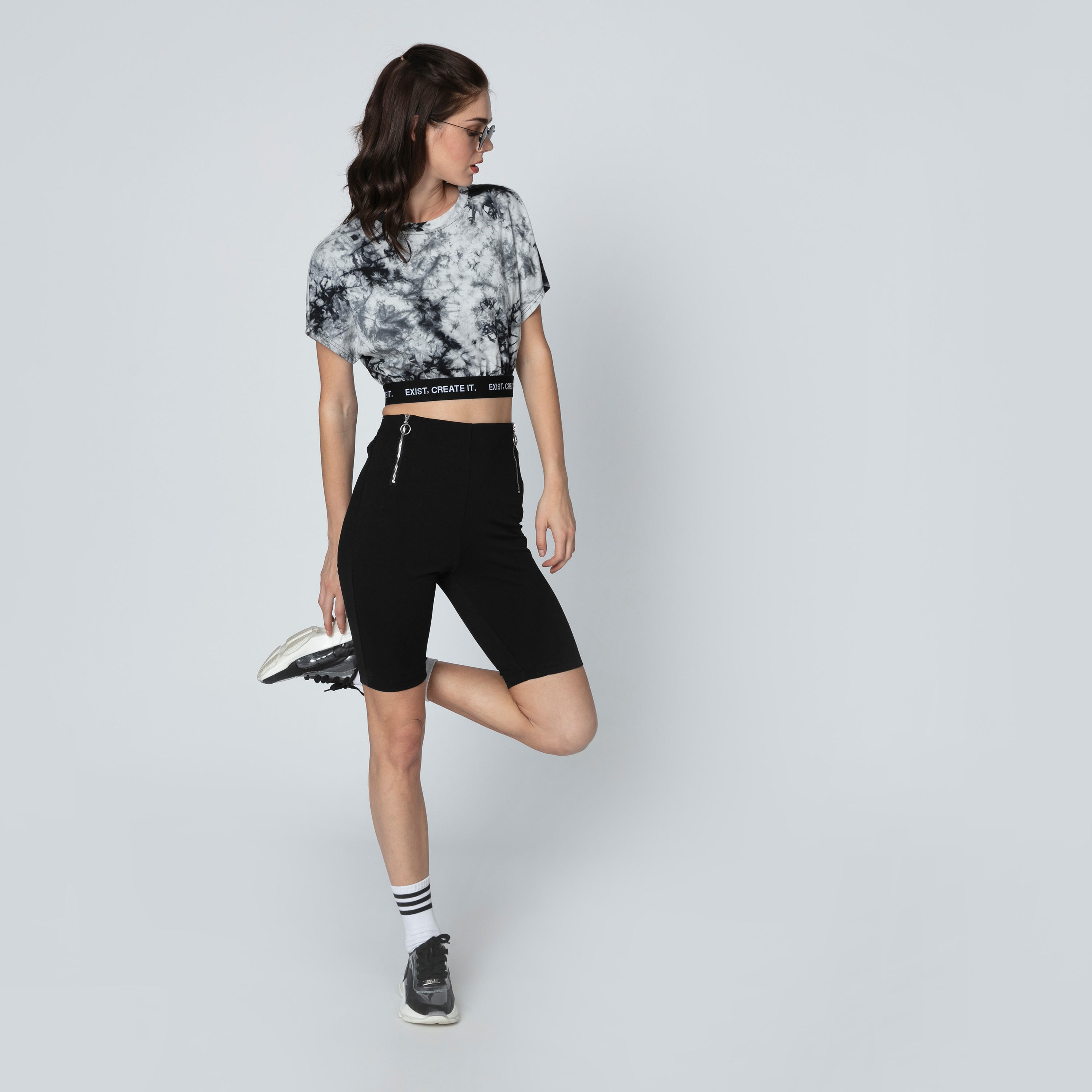Printed Crop Top with Extended Sleeves and Elasticised Hem-women-clothing-tshirts-image-3