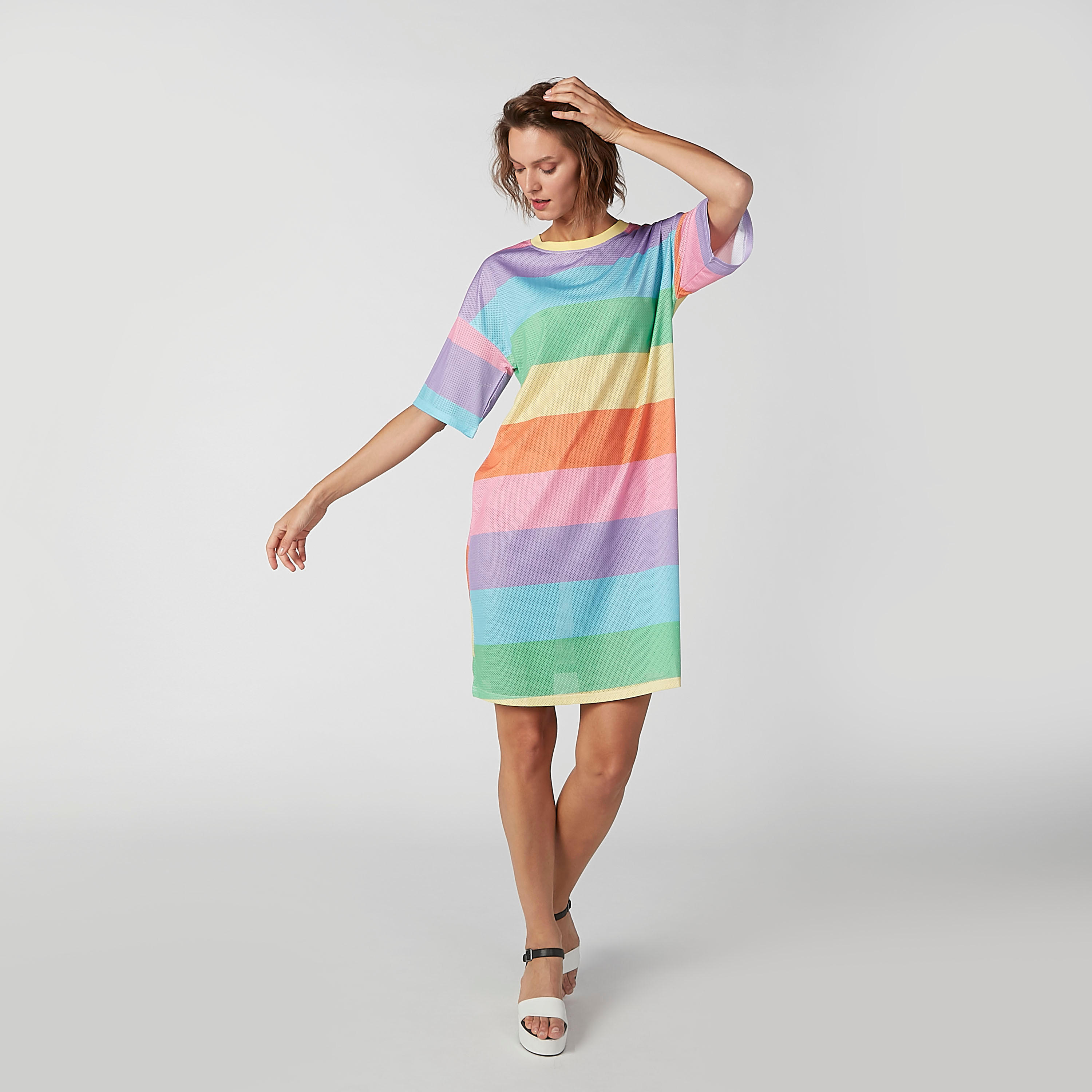 فستان تيشيرت مقلّم بنمط كتل الألوان متوسط الطول بأكتاف منسدلة-women-clothing-dresses-image-1